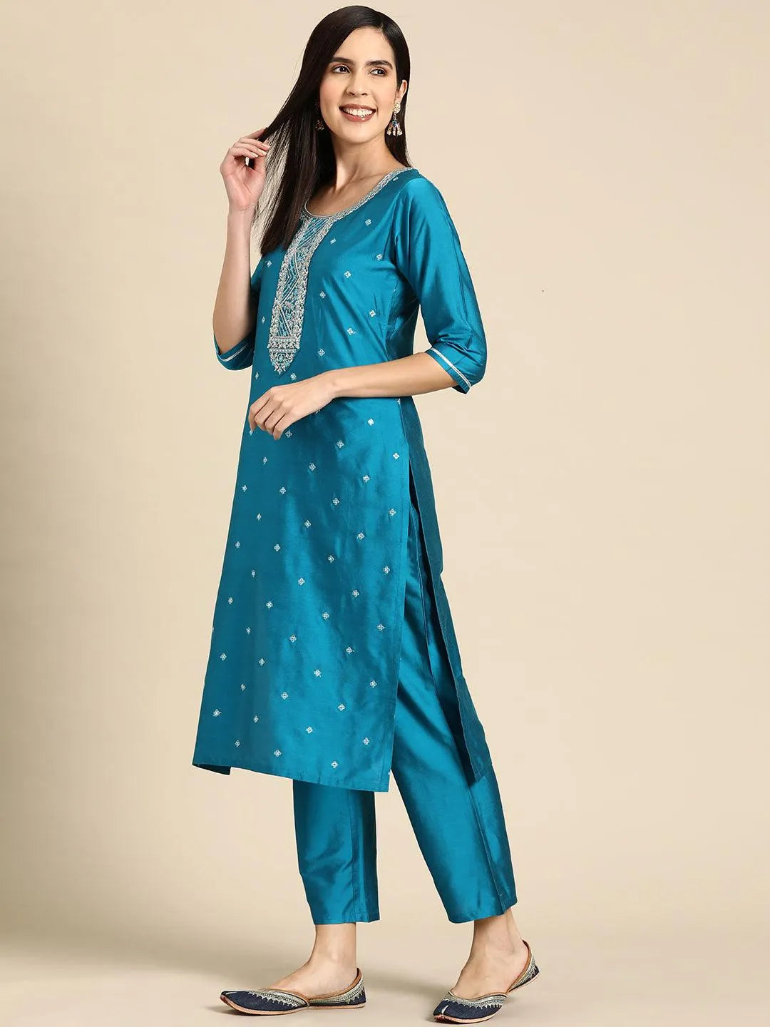 Anouk Blue Yoke Design Silk Blend Straight Suit With Dupatta