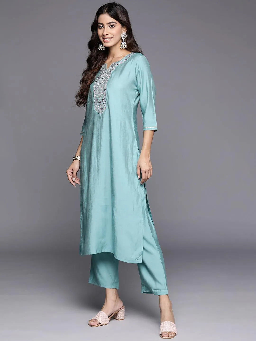 Anouk Blue Yoke Design Silk Blend Straight Suit With Dupatta