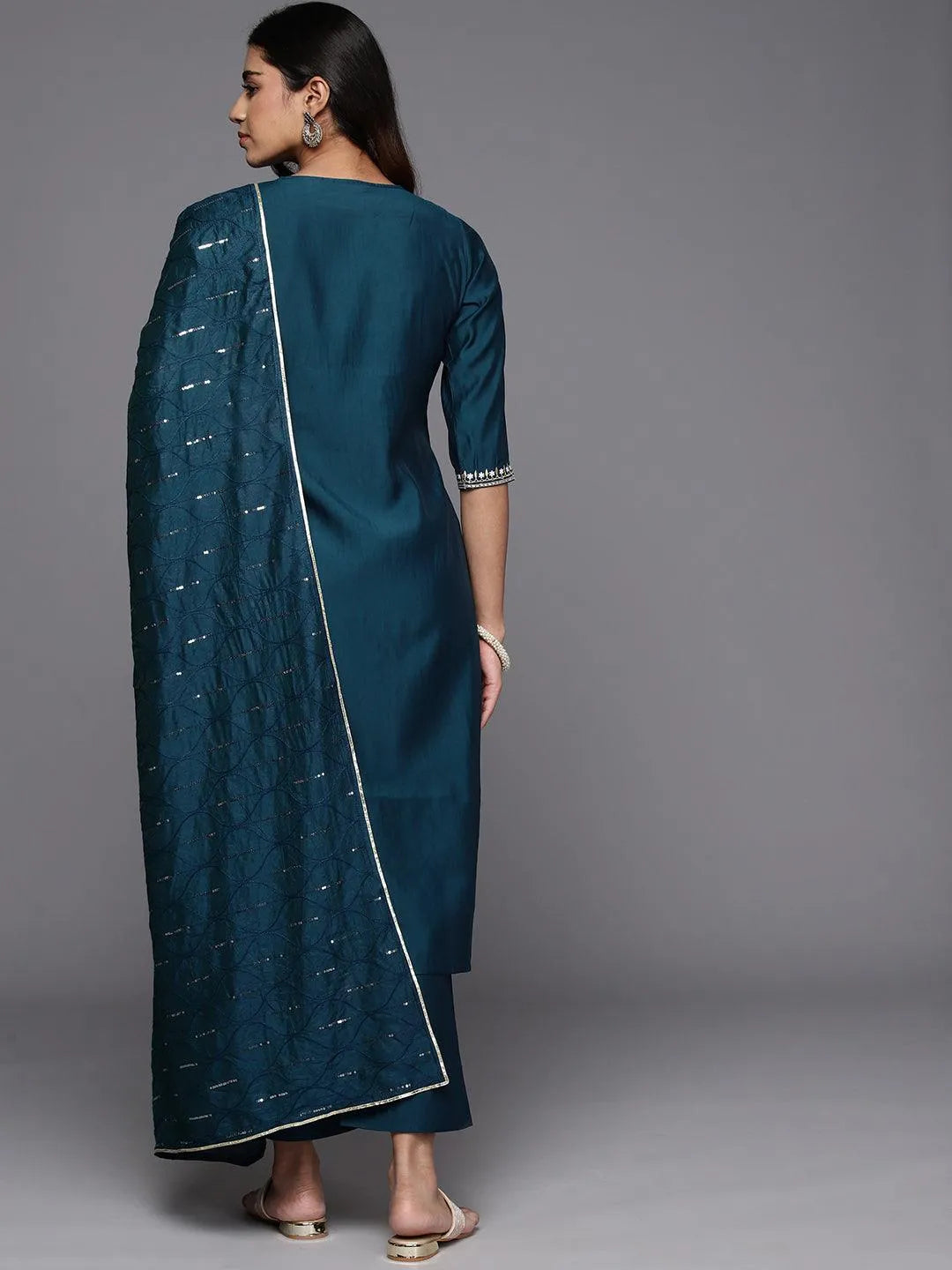 Anouk Blue Yoke Design Silk Blend Straight Suit With Dupatta