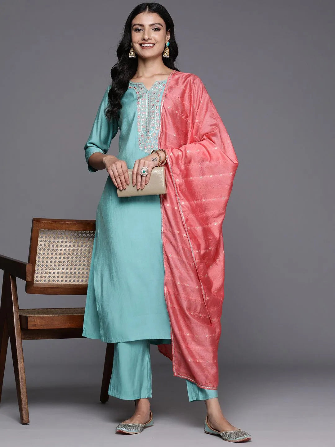 Anouk Blue Yoke Design Silk Blend Straight Suit With Dupatta