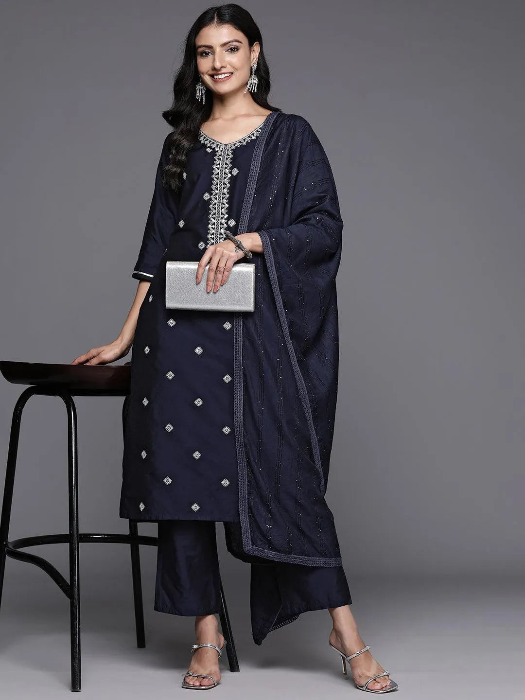 Anouk Blue Yoke Design Silk Blend Straight Suit With Dupatta