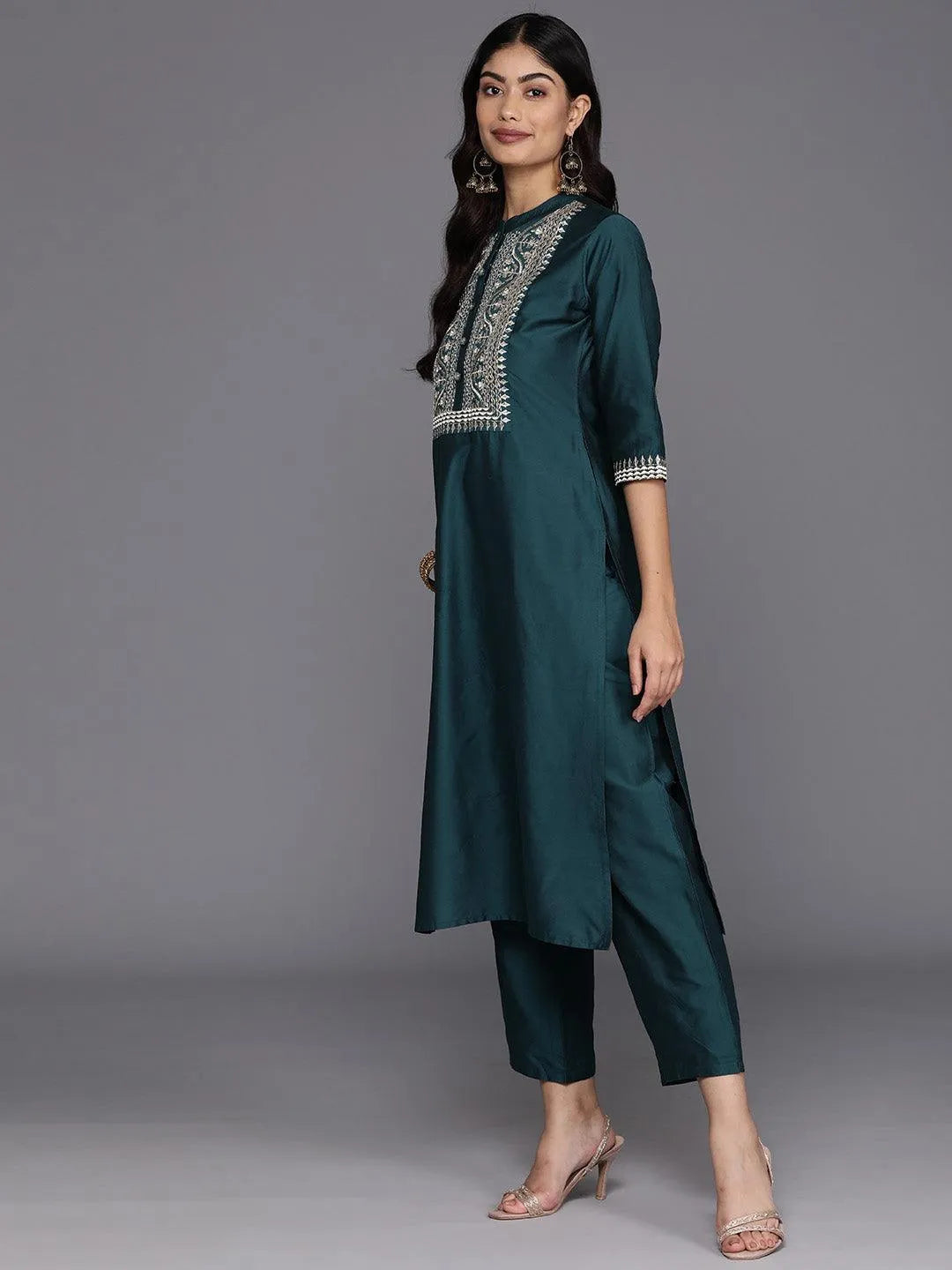 Anouk Blue Yoke Design Silk Blend Straight Suit With Dupatta