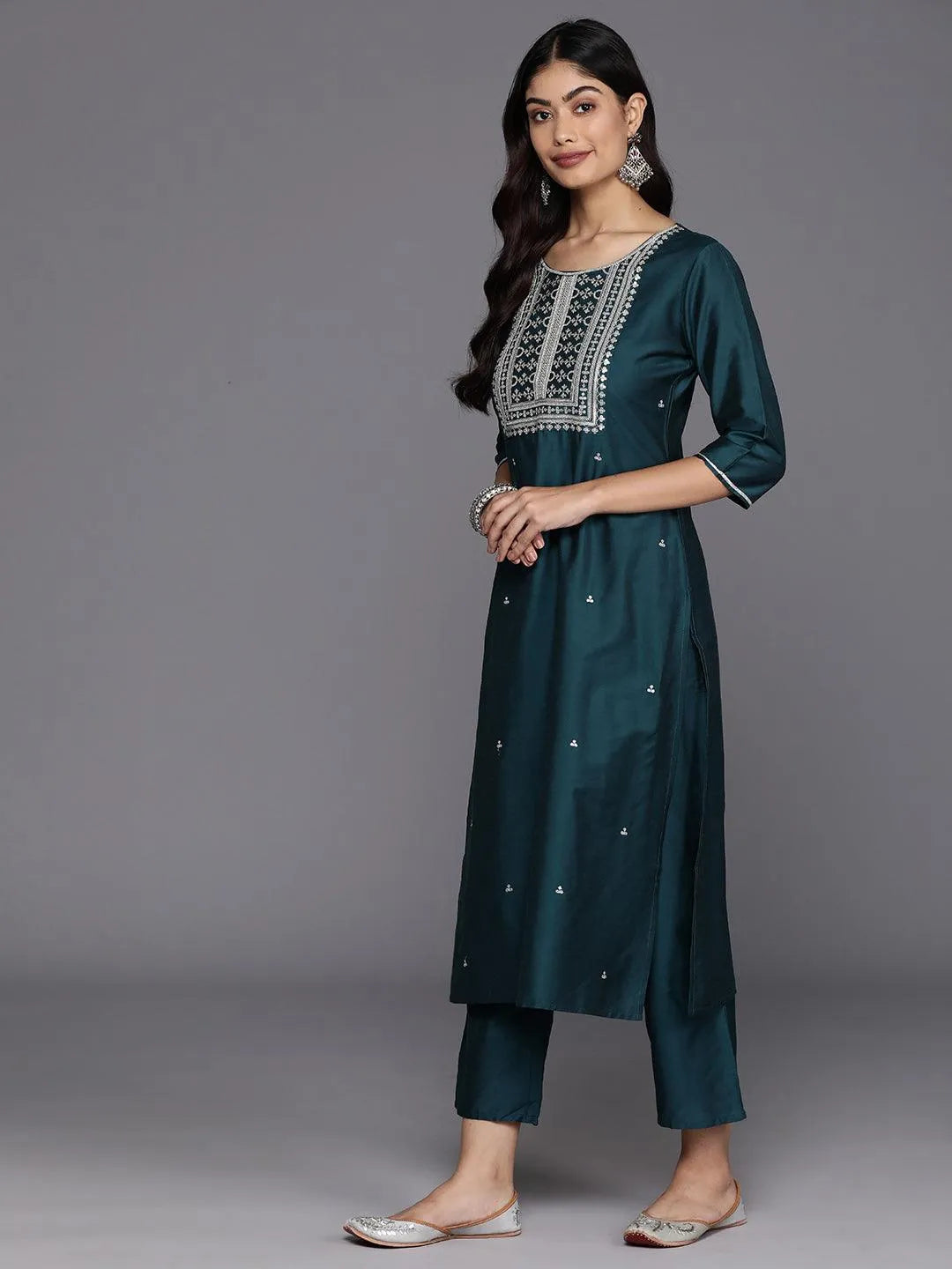 Anouk Blue Yoke Design Silk Blend Straight Suit With Dupatta