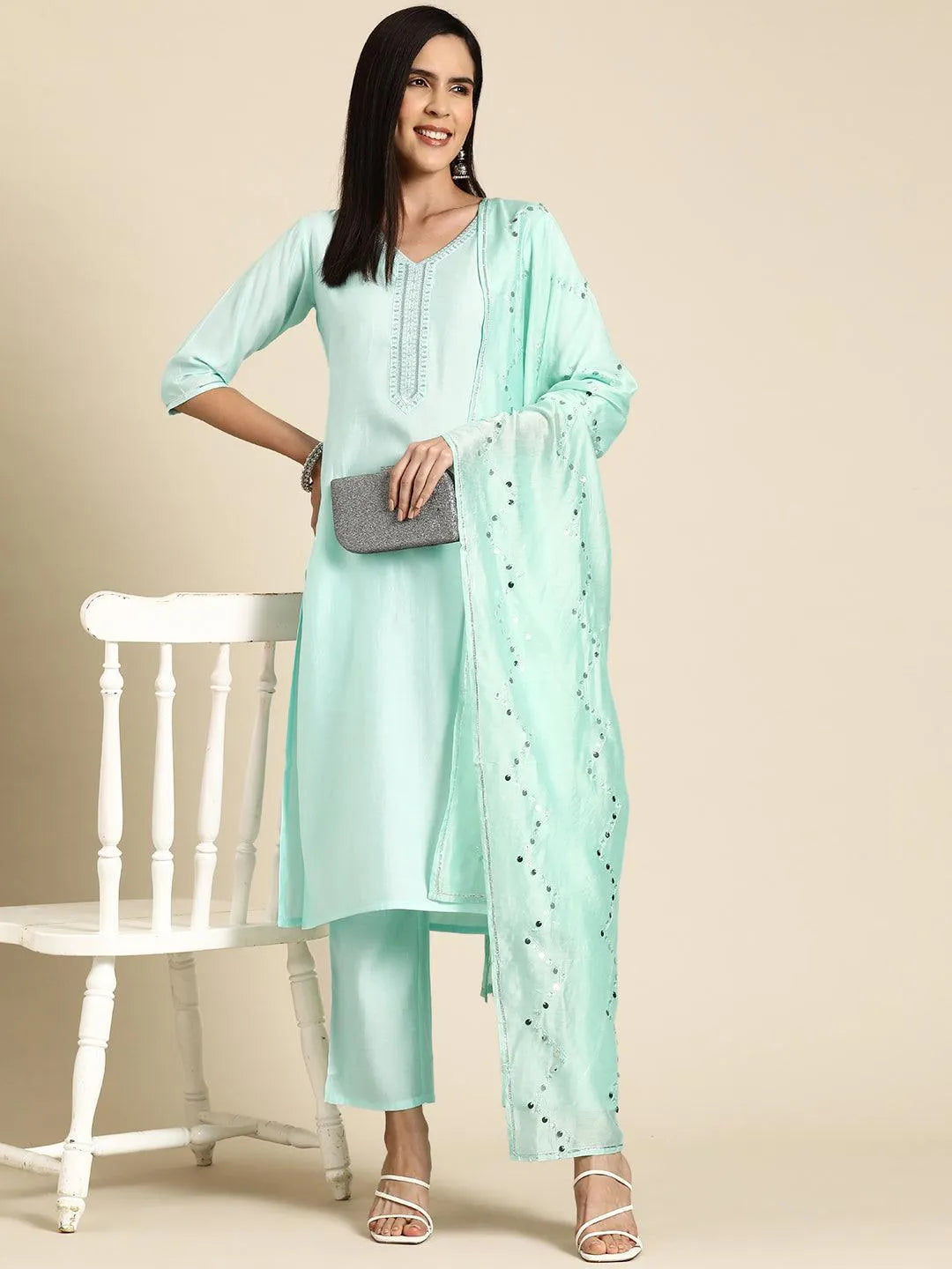Anouk Blue Yoke Design Silk Blend Straight Suit With Dupatta