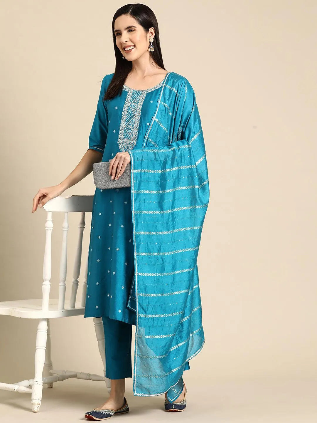 Anouk Blue Yoke Design Silk Blend Straight Suit With Dupatta