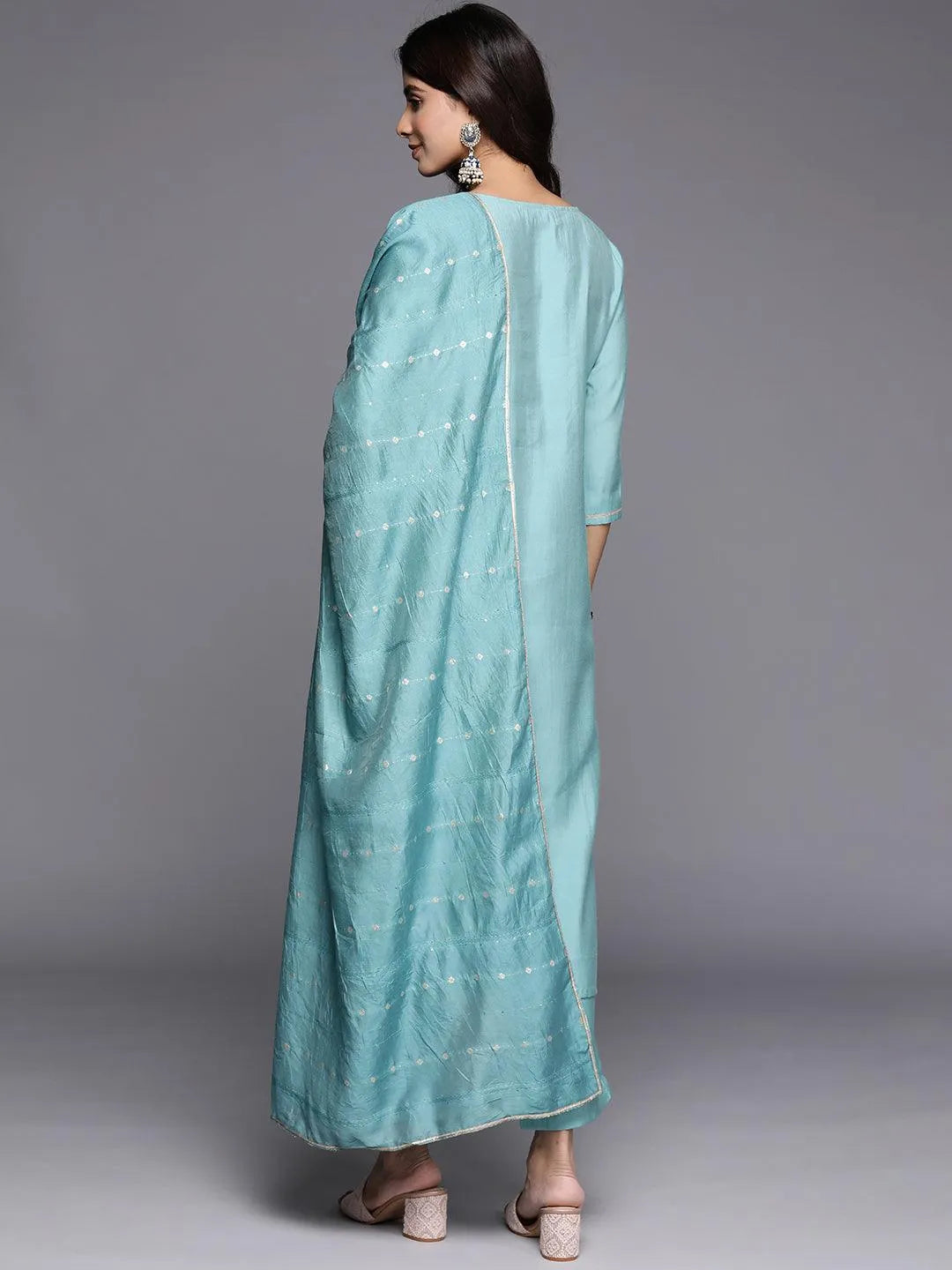 Anouk Blue Yoke Design Silk Blend Straight Suit With Dupatta