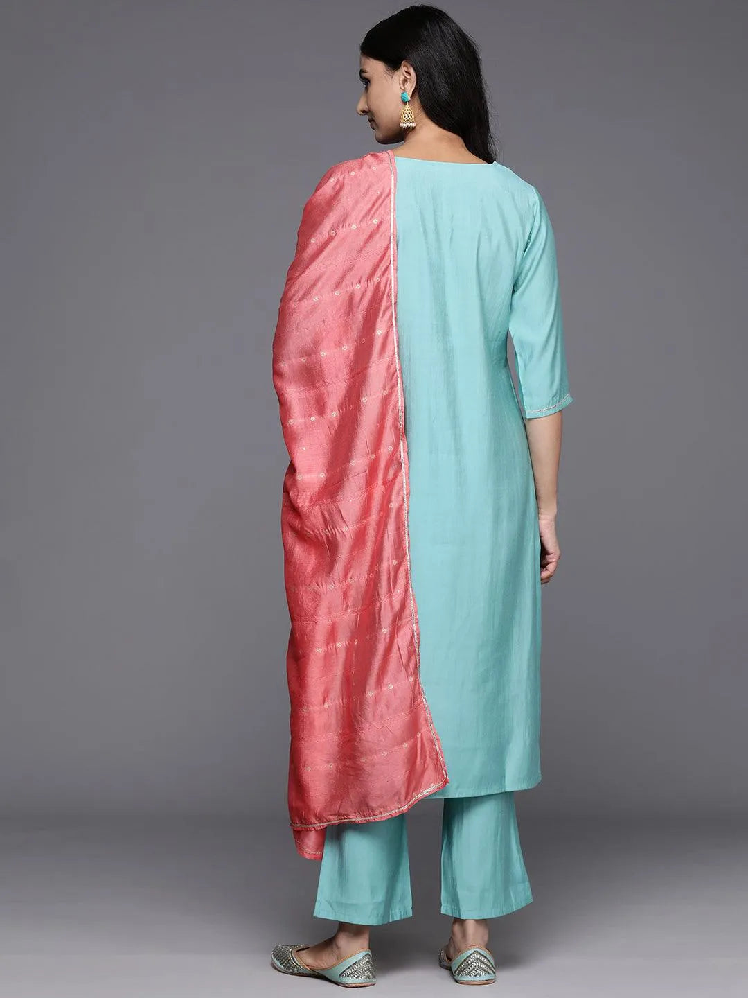 Anouk Blue Yoke Design Silk Blend Straight Suit With Dupatta