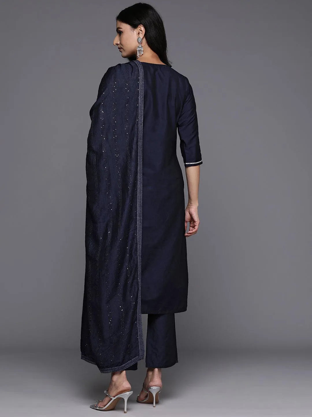 Anouk Blue Yoke Design Silk Blend Straight Suit With Dupatta