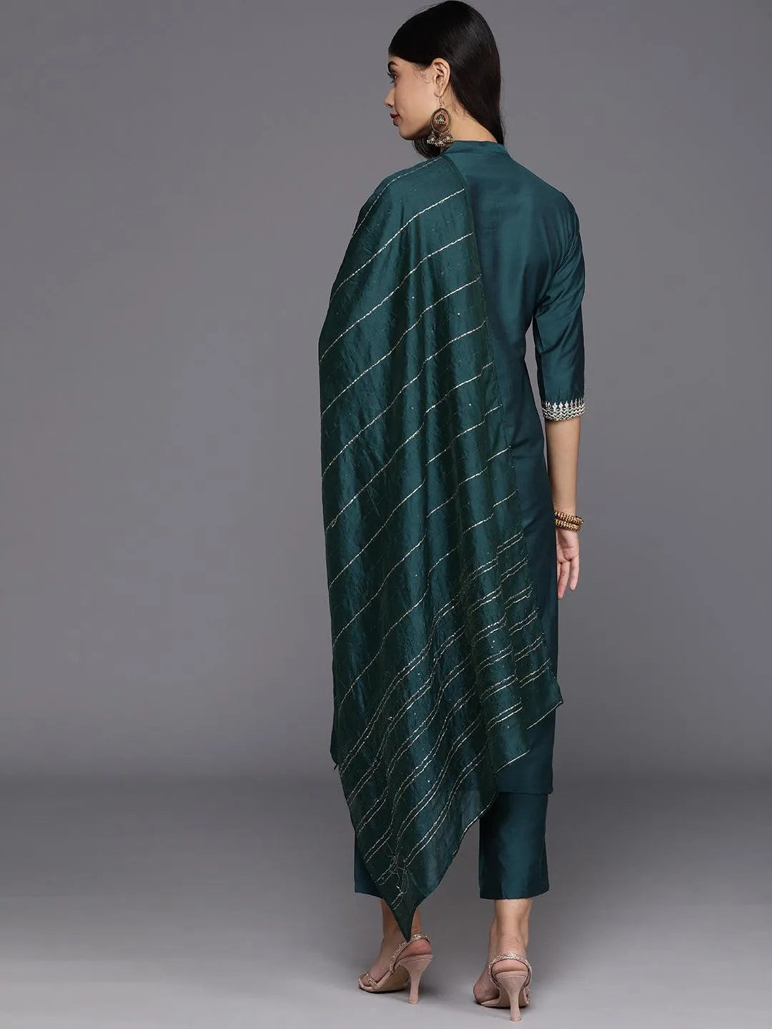 Anouk Blue Yoke Design Silk Blend Straight Suit With Dupatta