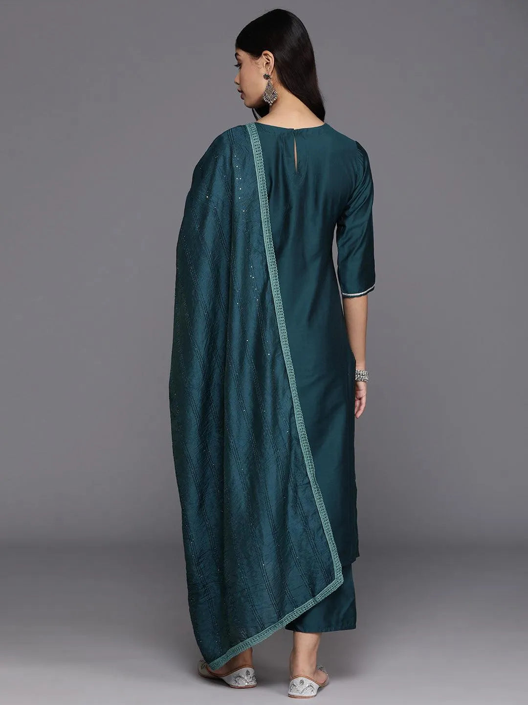 Anouk Blue Yoke Design Silk Blend Straight Suit With Dupatta