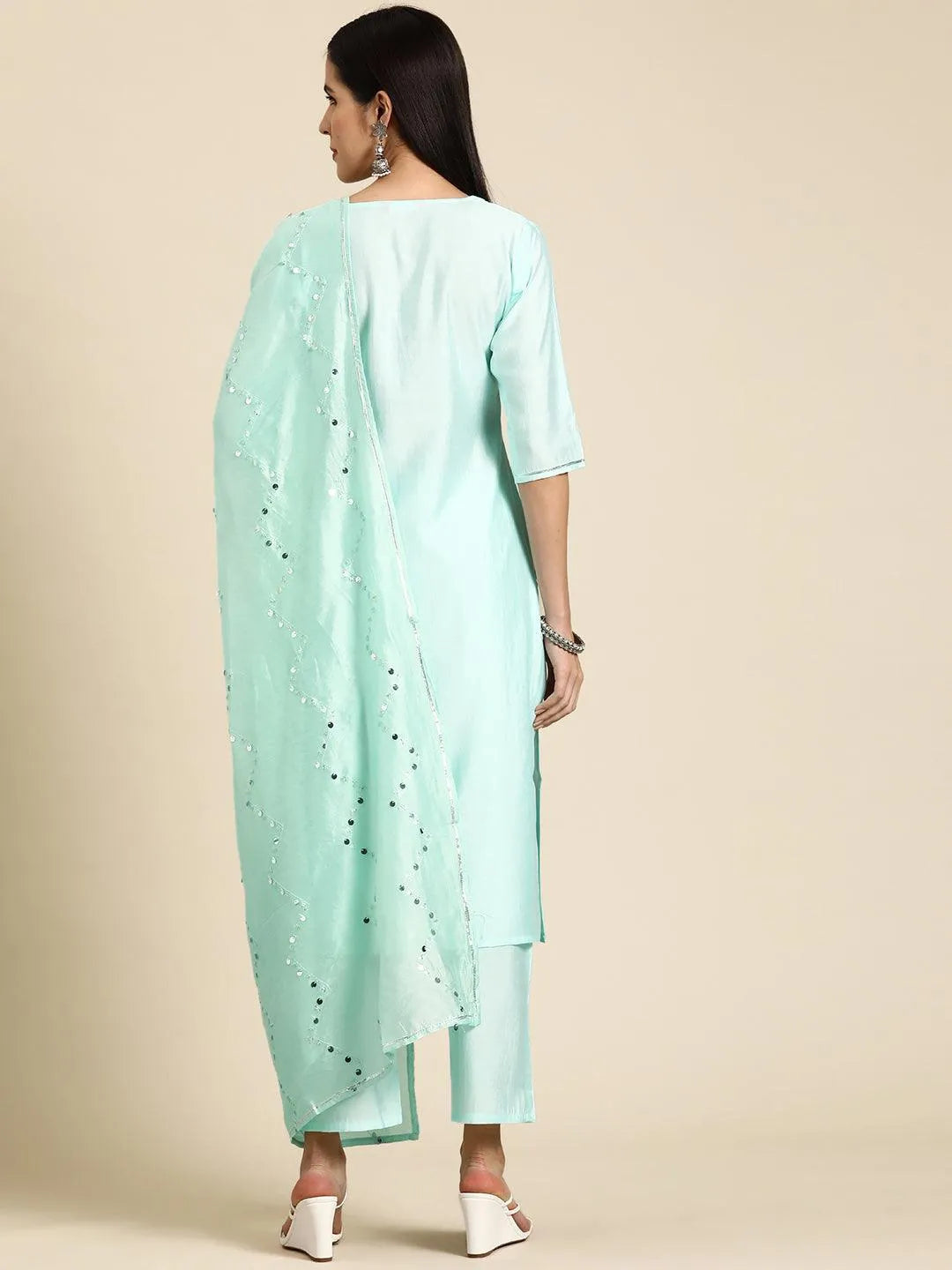 Anouk Blue Yoke Design Silk Blend Straight Suit With Dupatta