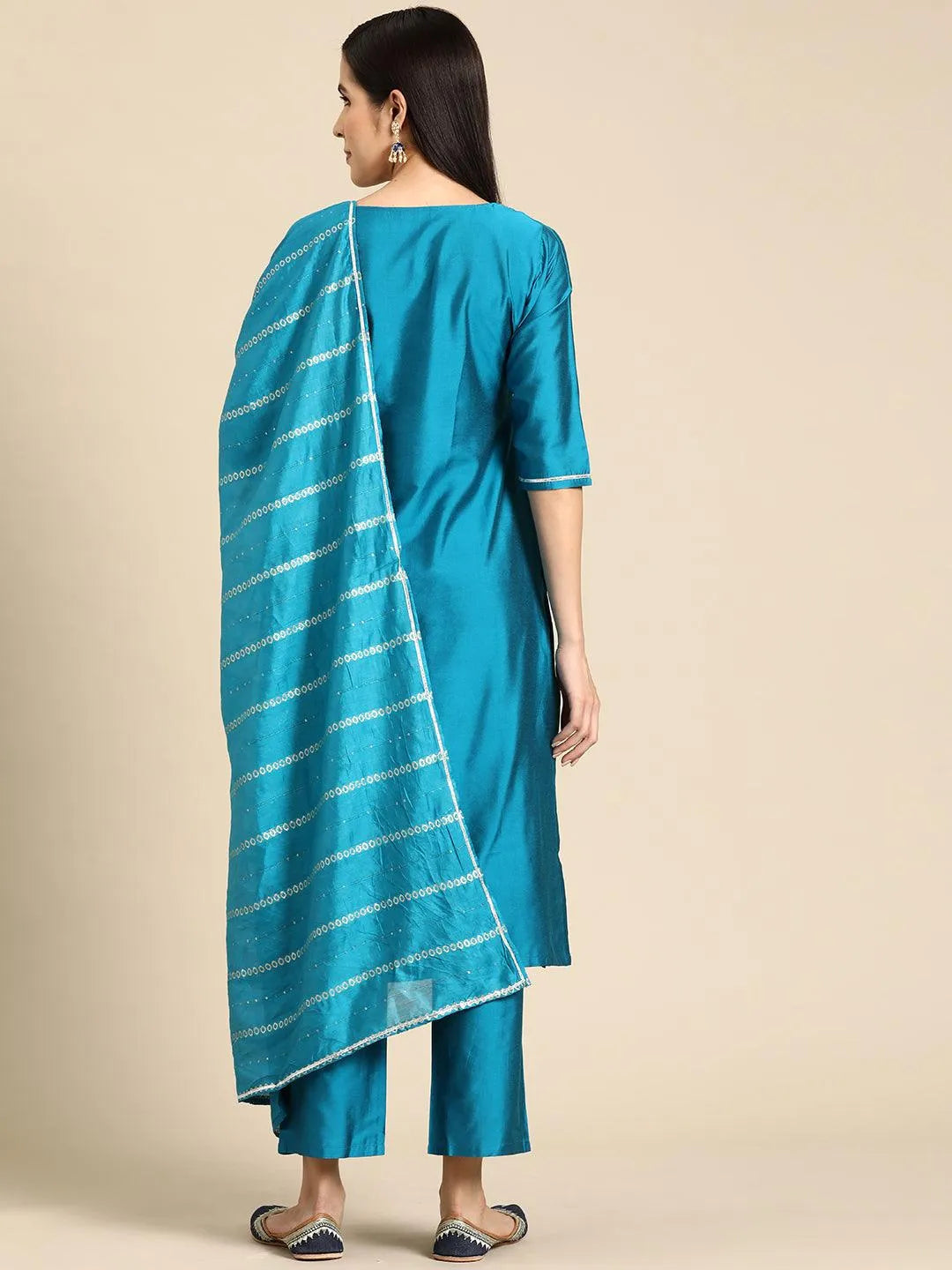 Anouk Blue Yoke Design Silk Blend Straight Suit With Dupatta