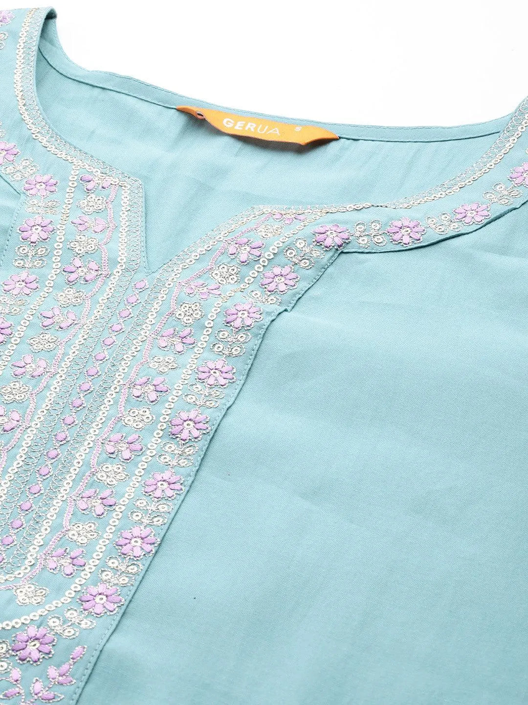 Anouk Blue Yoke Design Silk Blend Straight Suit With Dupatta