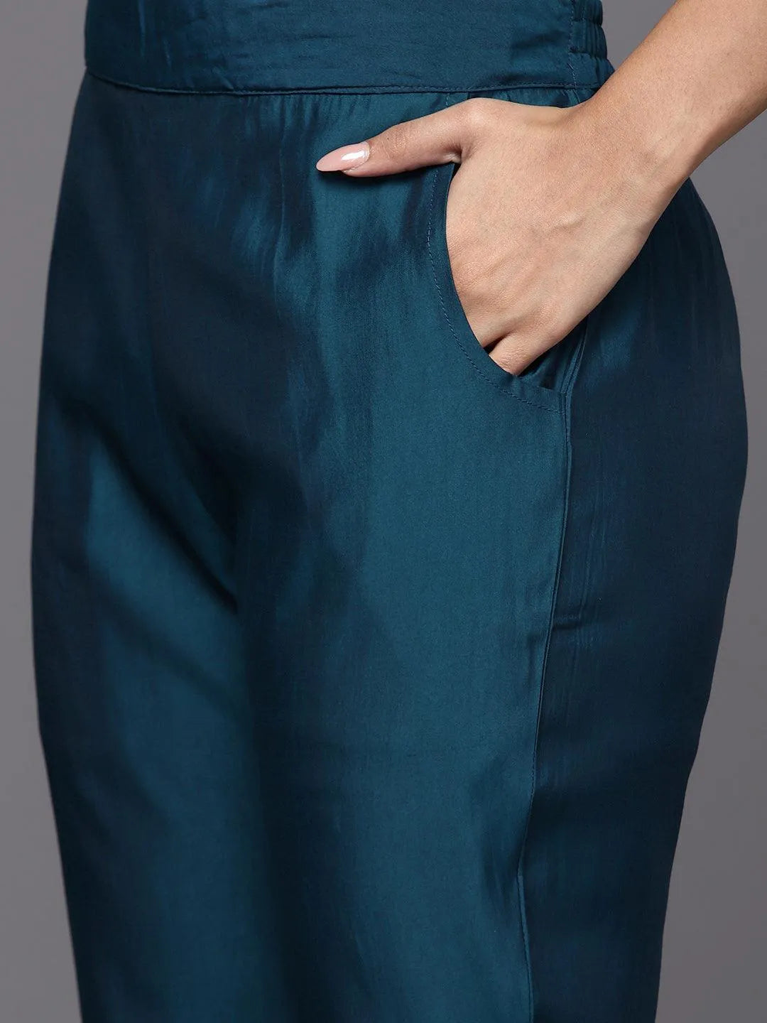 Anouk Blue Yoke Design Silk Blend Straight Suit With Dupatta