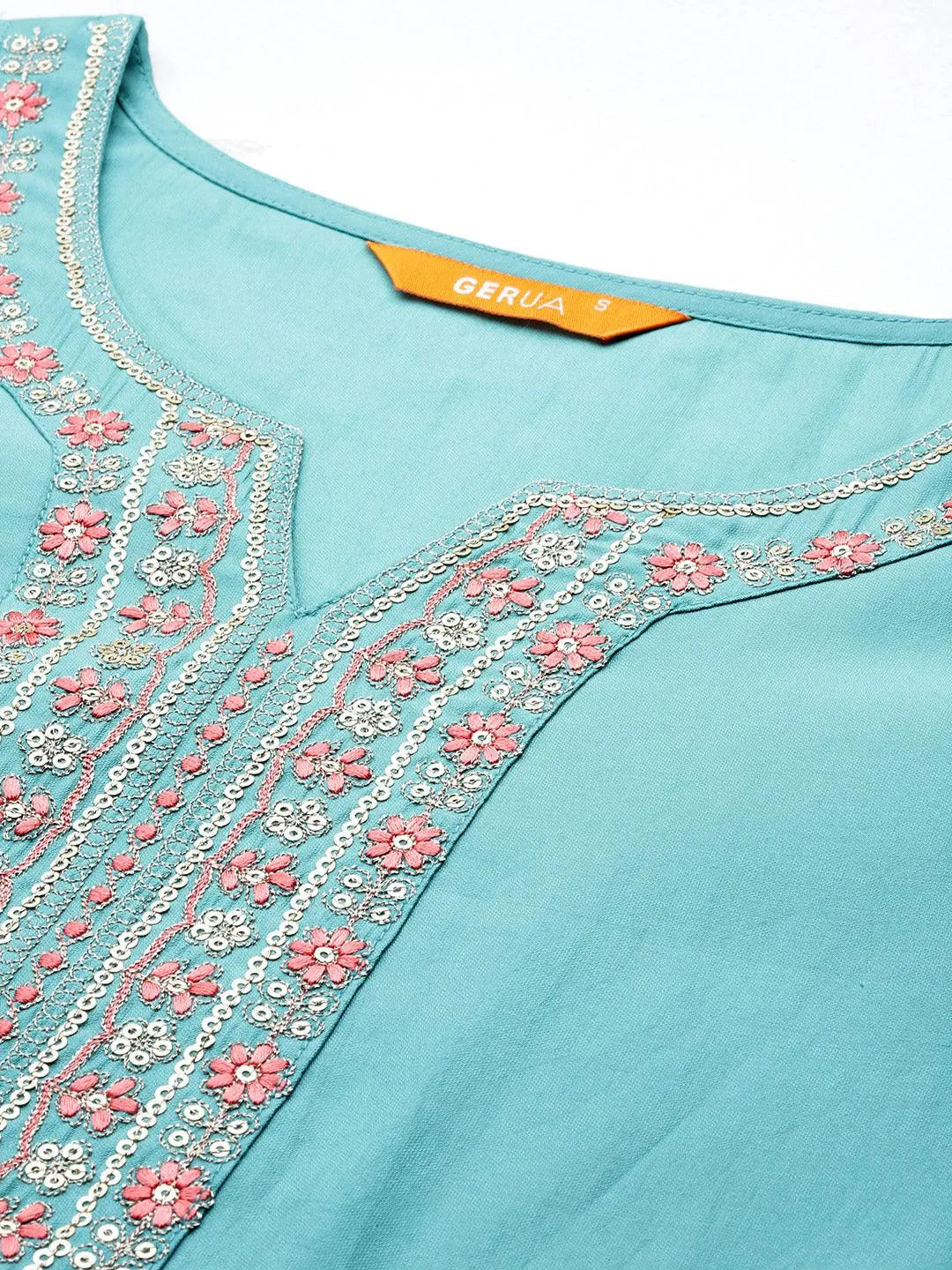 Anouk Blue Yoke Design Silk Blend Straight Suit With Dupatta