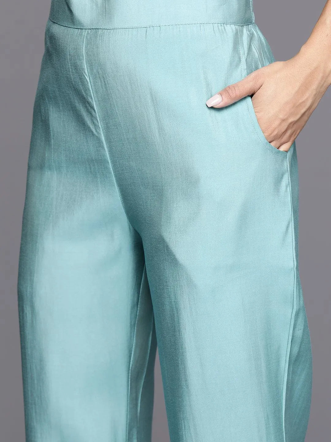 Anouk Blue Yoke Design Silk Blend Straight Suit With Dupatta
