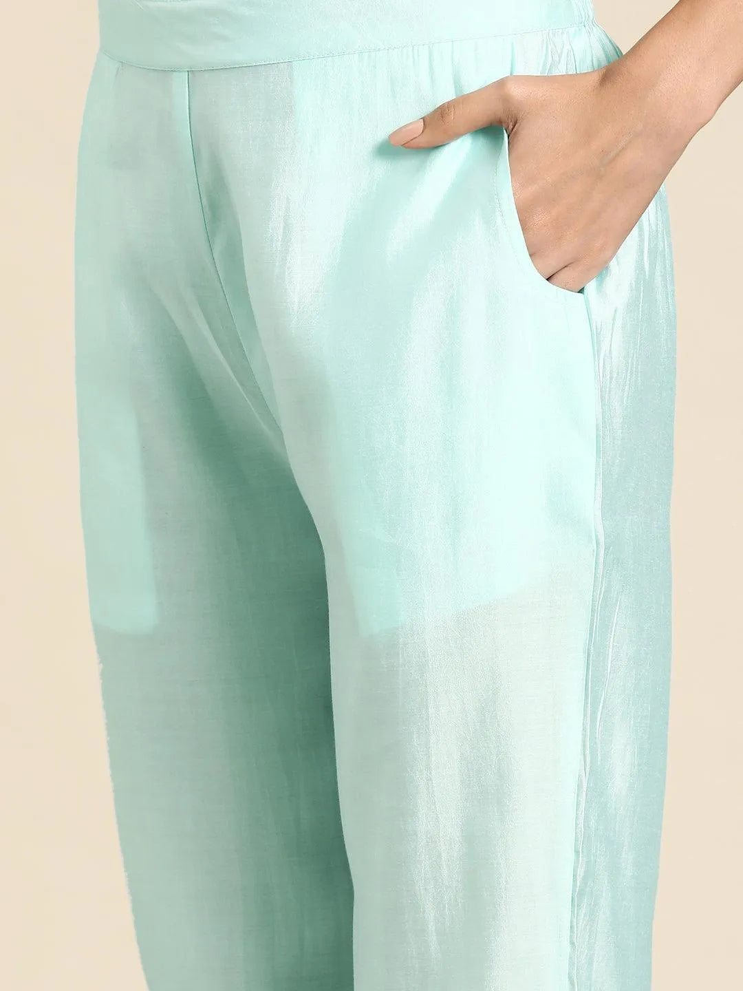 Anouk Blue Yoke Design Silk Blend Straight Suit With Dupatta