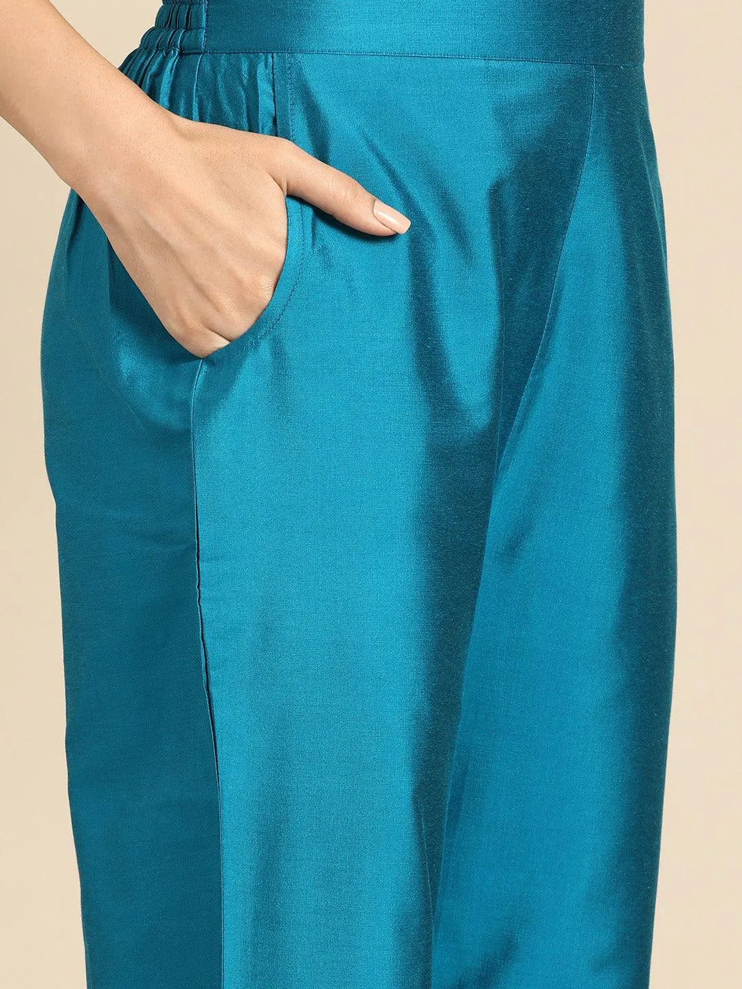 Anouk Blue Yoke Design Silk Blend Straight Suit With Dupatta