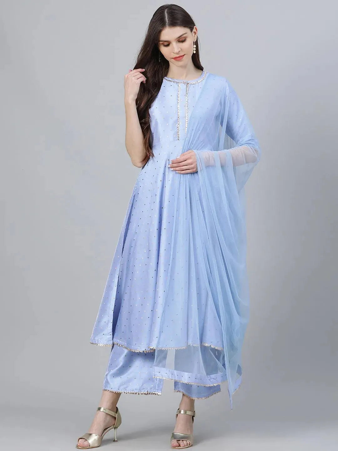 Anouk Blue Zari Work Chanderi Silk Anarkali Kurta With Palazzos & Dupatta