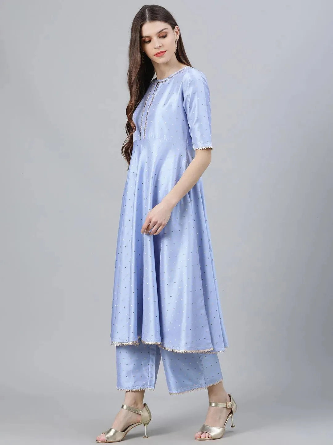 Anouk Blue Zari Work Chanderi Silk Anarkali Kurta With Palazzos & Dupatta