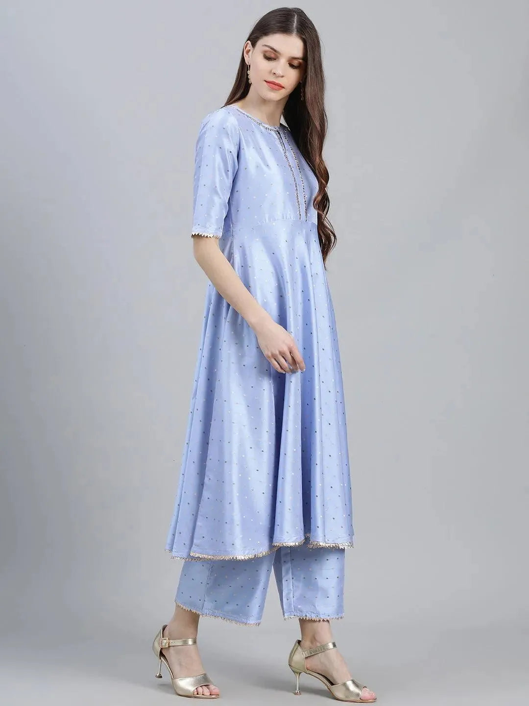 Anouk Blue Zari Work Chanderi Silk Anarkali Kurta With Palazzos & Dupatta