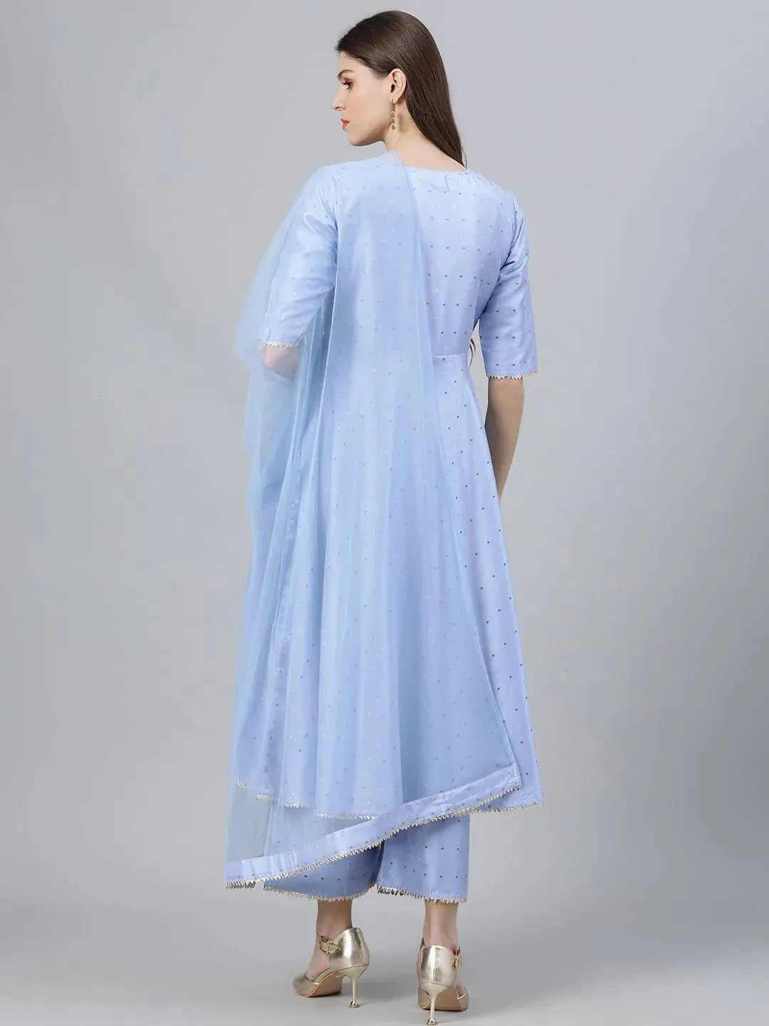 Anouk Blue Zari Work Chanderi Silk Anarkali Kurta With Palazzos & Dupatta