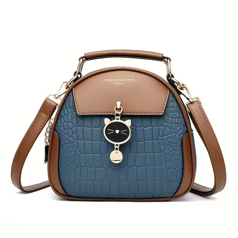 Blue Plaid Round Crossbody Bag for Women | Korean Style Faux Leather Shoulder Purse