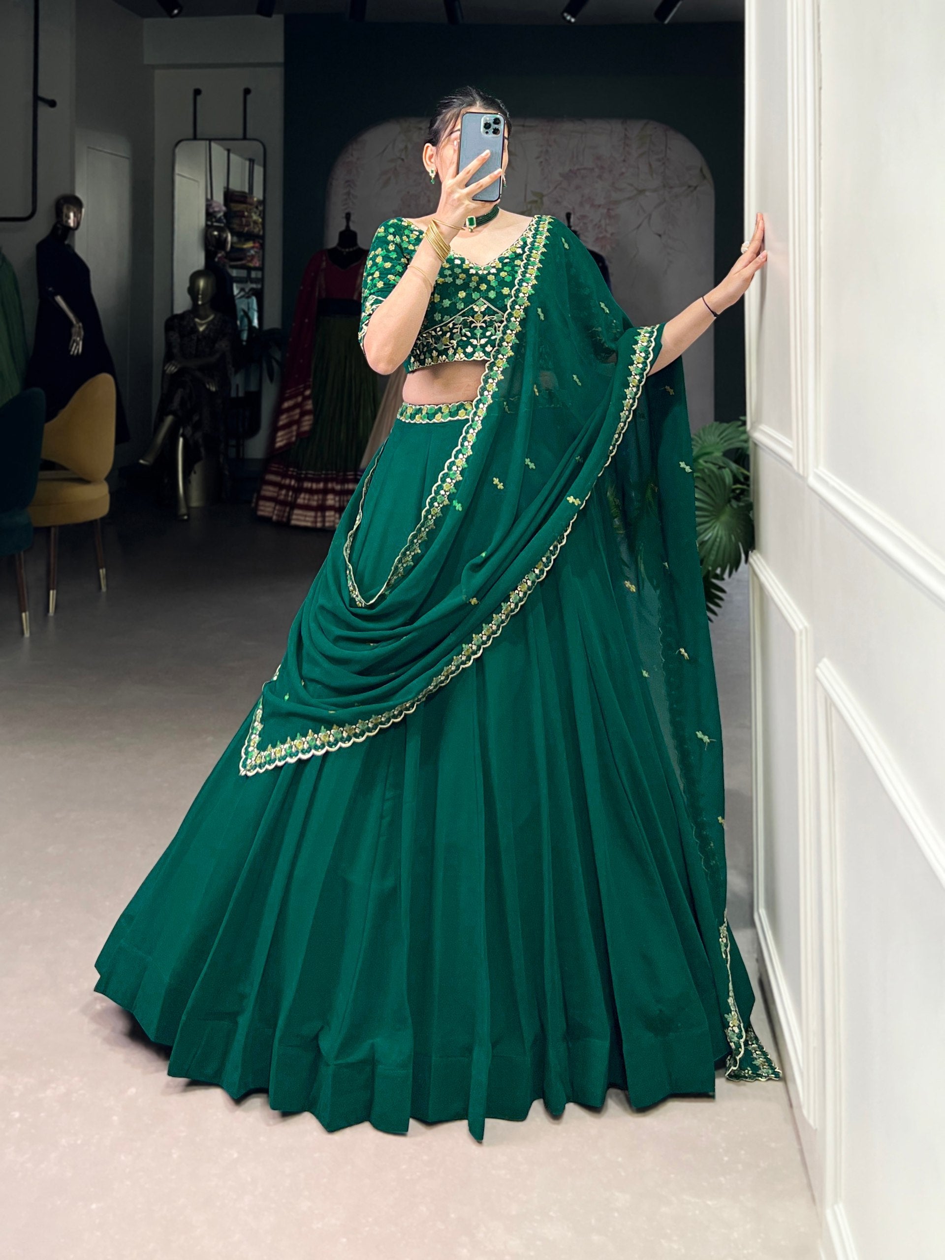 Bottel Green Elegant Georgette Embroidered Lehenga Set with Dupatta & Unstitched Blouse