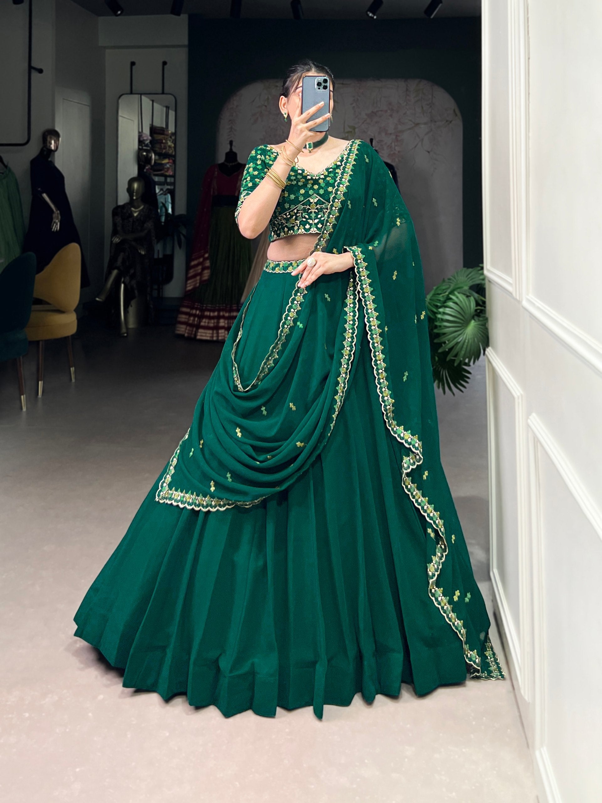 Bottel Green Elegant Georgette Embroidered Lehenga Set with Dupatta & Unstitched Blouse