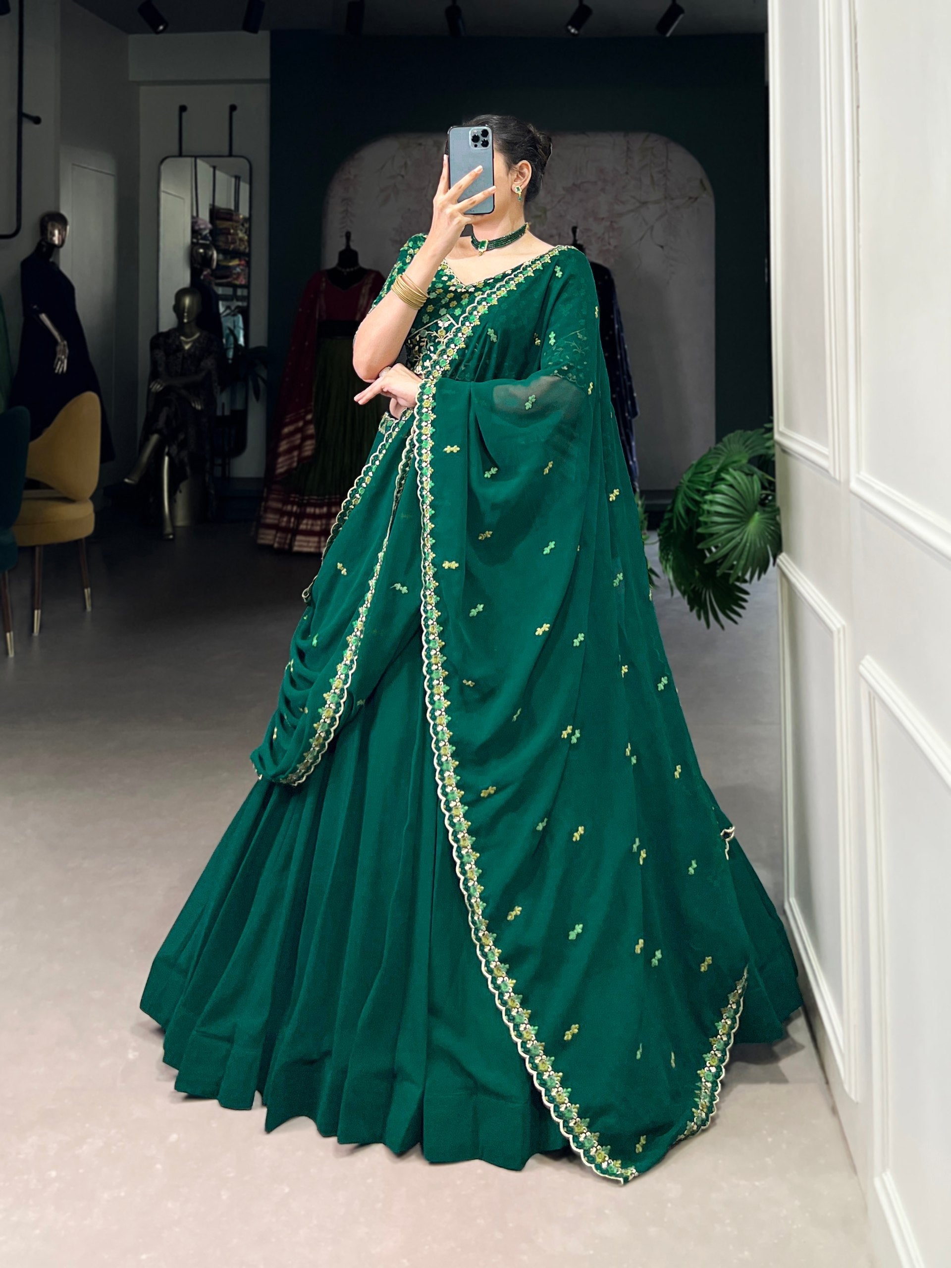 Bottel Green Elegant Georgette Embroidered Lehenga Set with Dupatta & Unstitched Blouse