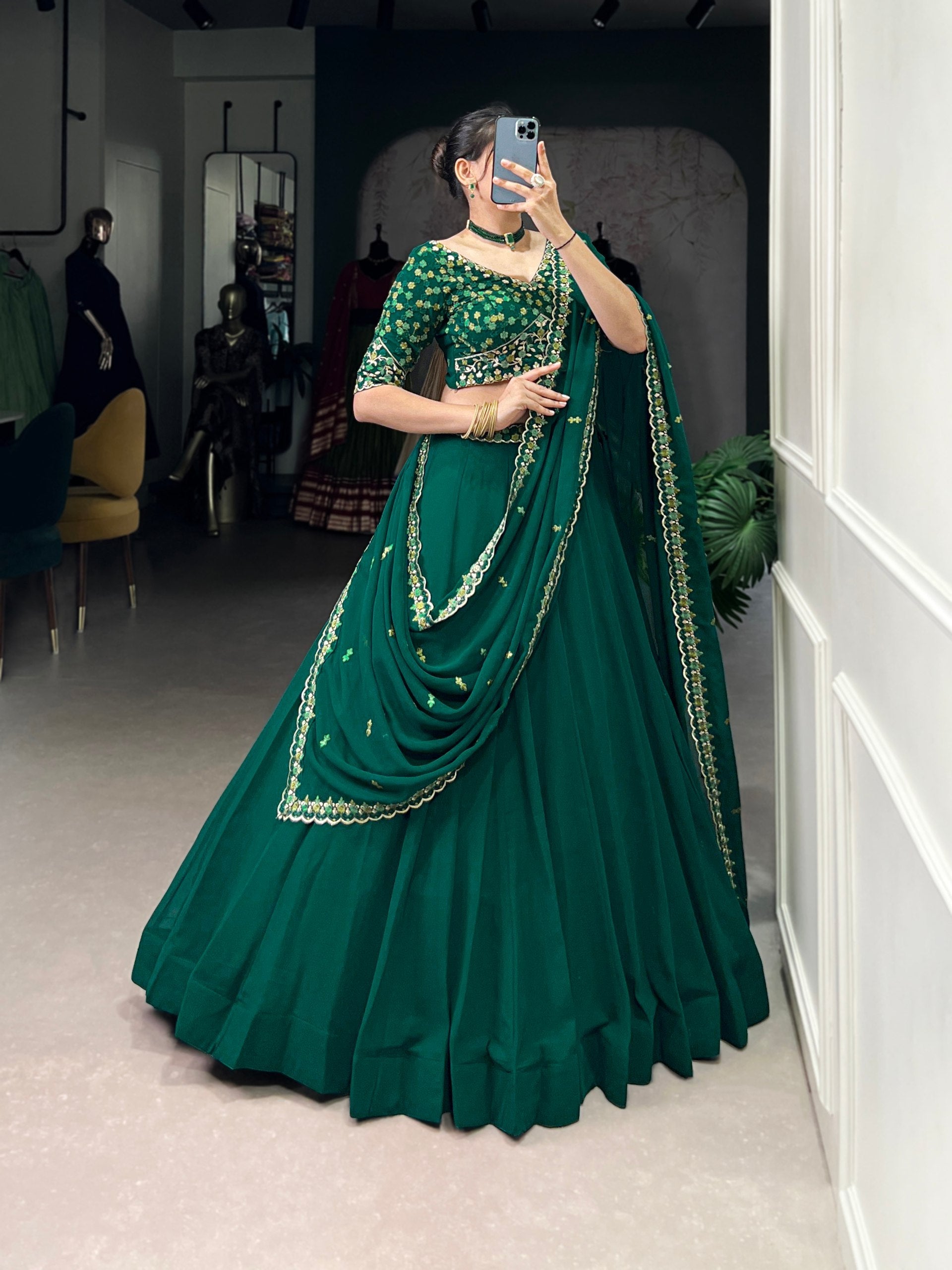 Bottel Green Elegant Georgette Embroidered Lehenga Set with Dupatta & Unstitched Blouse