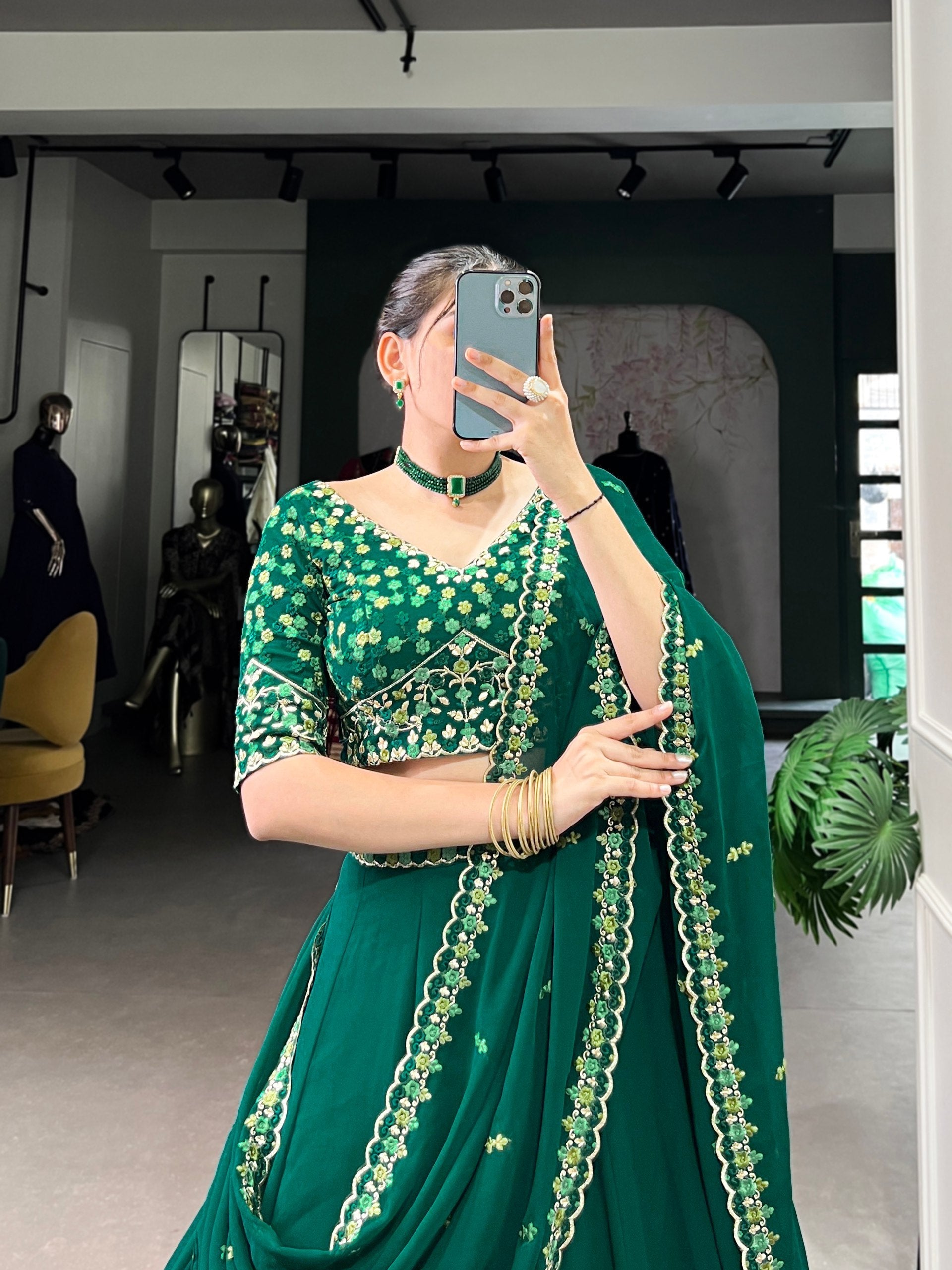 Bottel Green Elegant Georgette Embroidered Lehenga Set with Dupatta & Unstitched Blouse