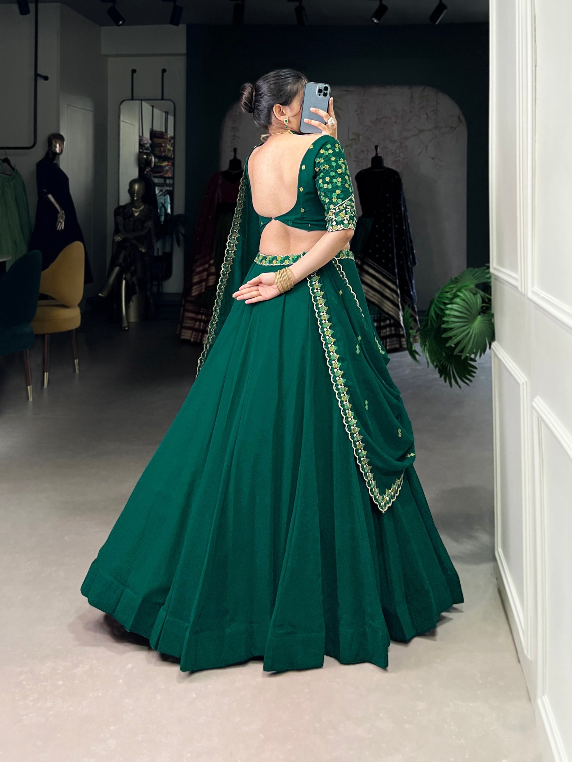 Bottel Green Elegant Georgette Embroidered Lehenga Set with Dupatta & Unstitched Blouse