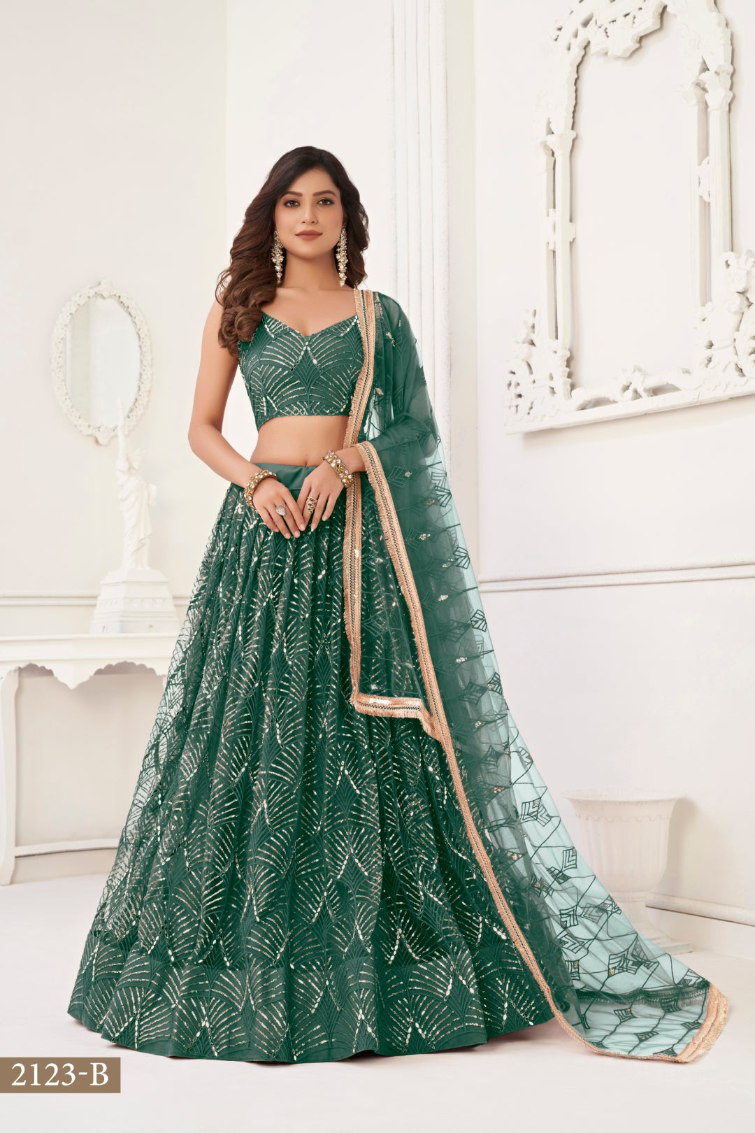 Bottle Green Butterfly Net Lehenga with Tone-to-Tone Thread Work and Mirror Embroidery