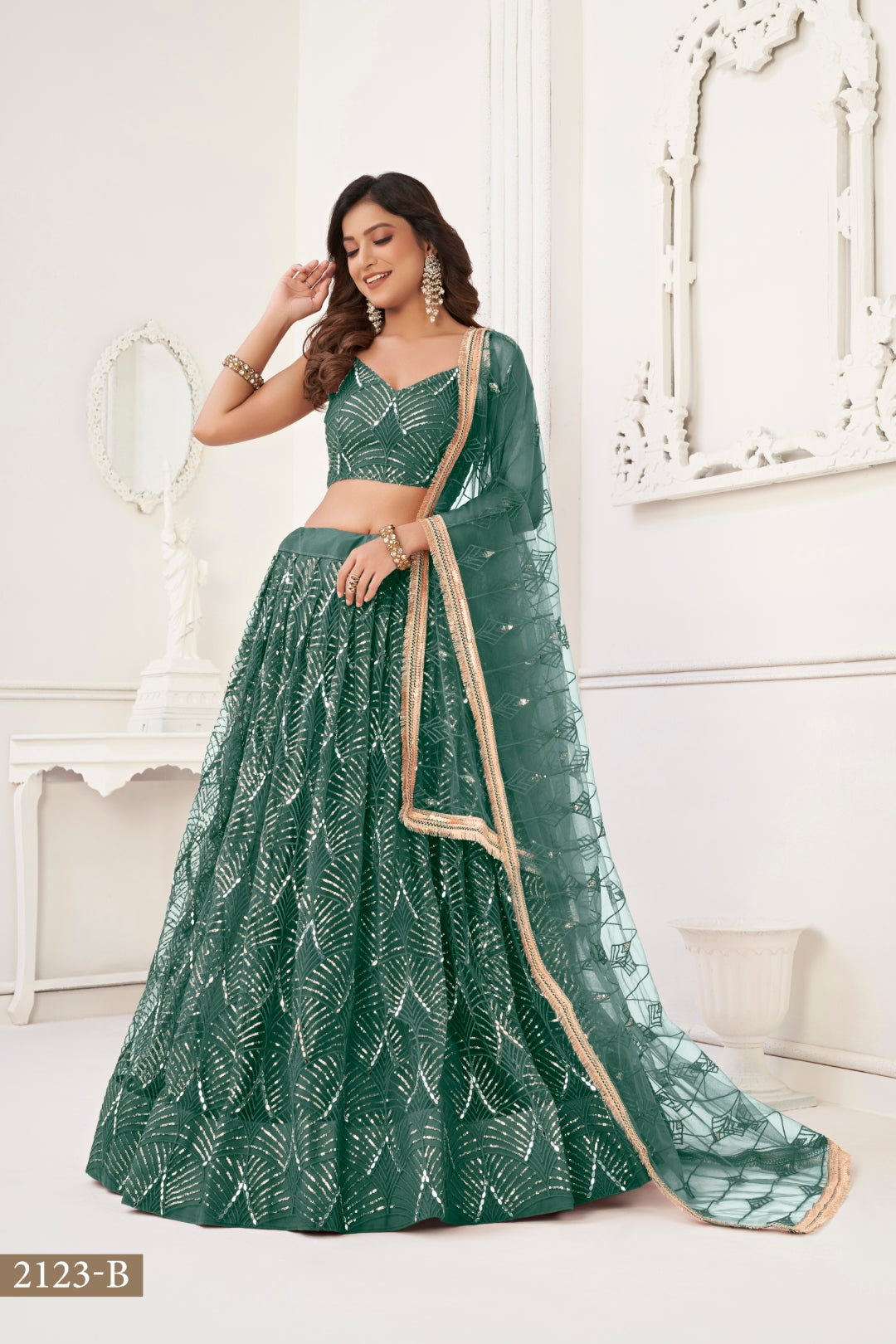 Bottle Green Butterfly Net Lehenga with Tone-to-Tone Thread Work and Mirror Embroidery