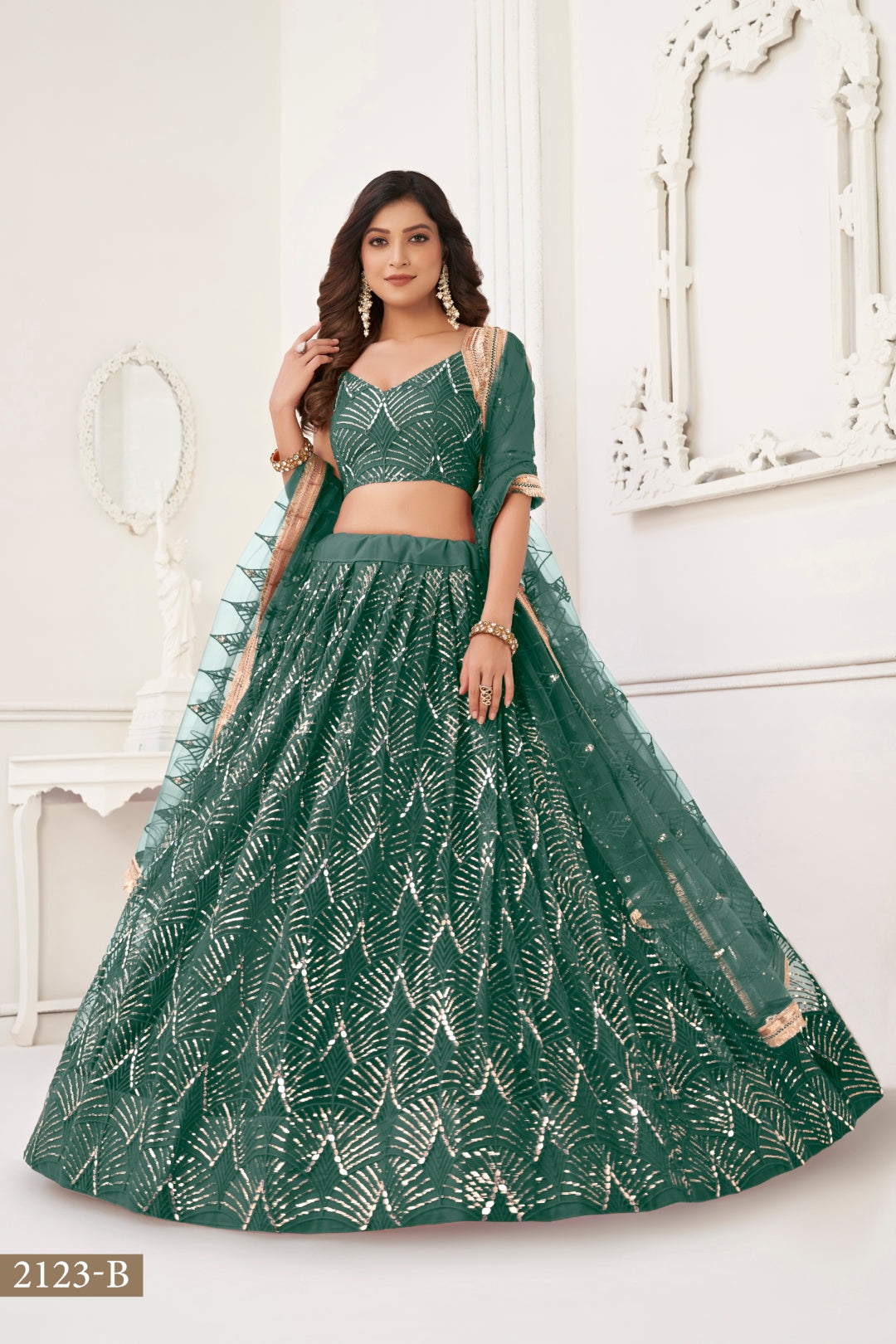 Bottle Green Butterfly Net Lehenga with Tone-to-Tone Thread Work and Mirror Embroidery