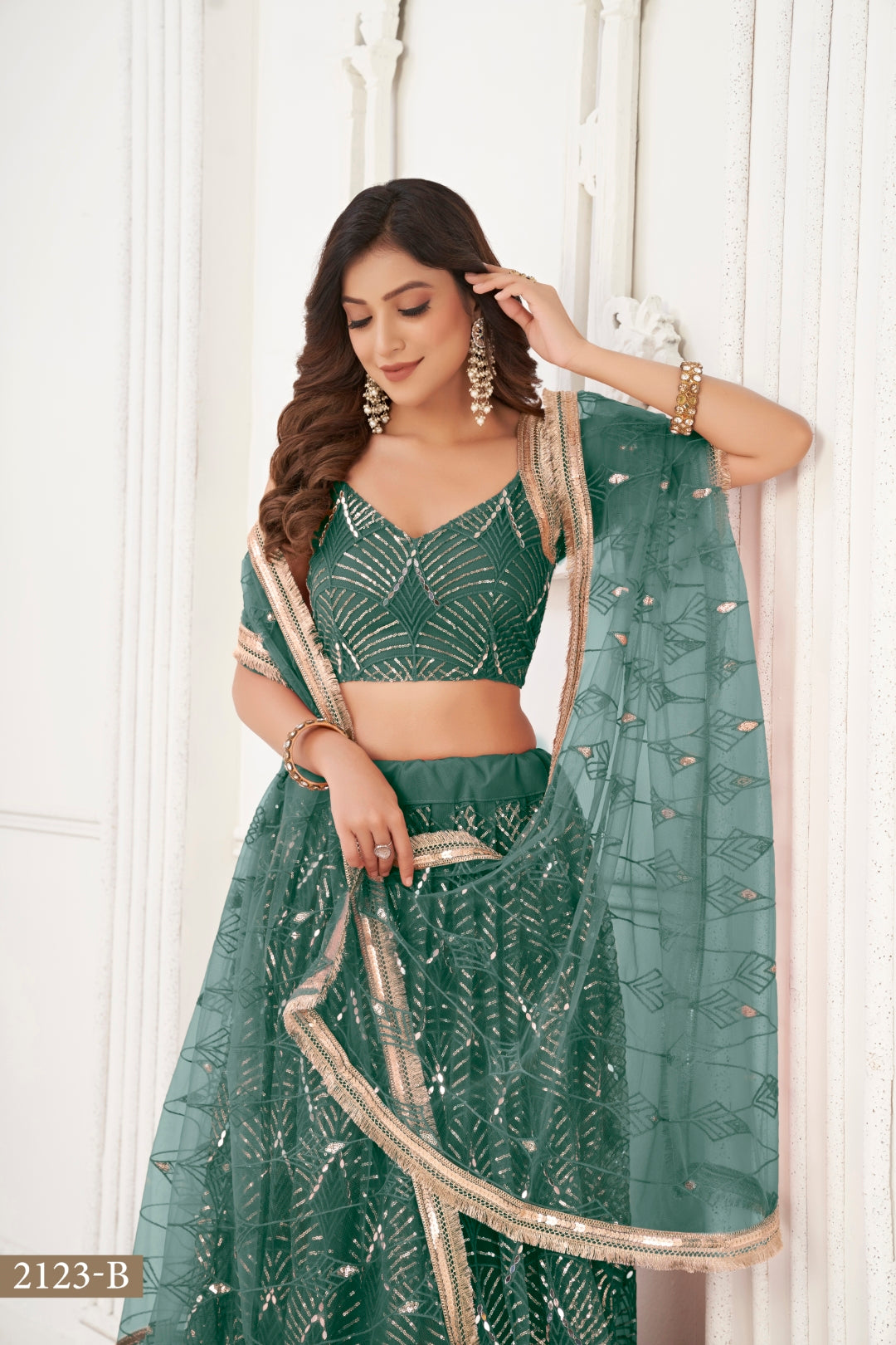 Bottle Green Butterfly Net Lehenga with Tone-to-Tone Thread Work and Mirror Embroidery