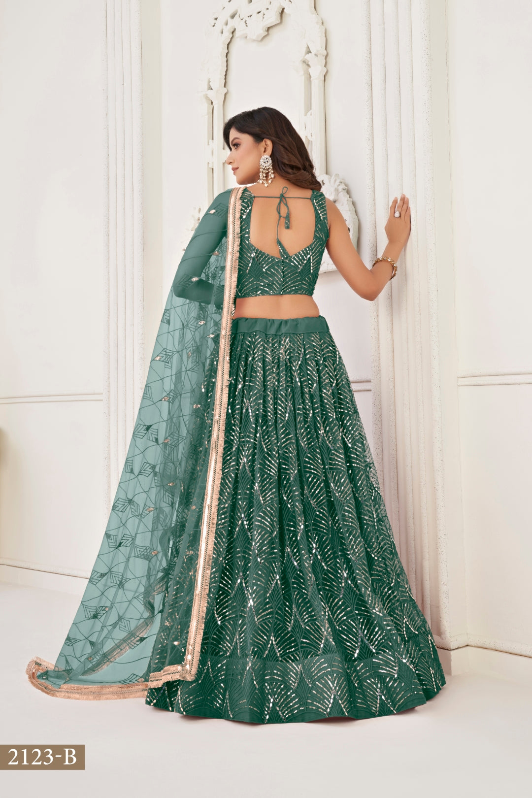 Bottle Green Butterfly Net Lehenga with Tone-to-Tone Thread Work and Mirror Embroidery