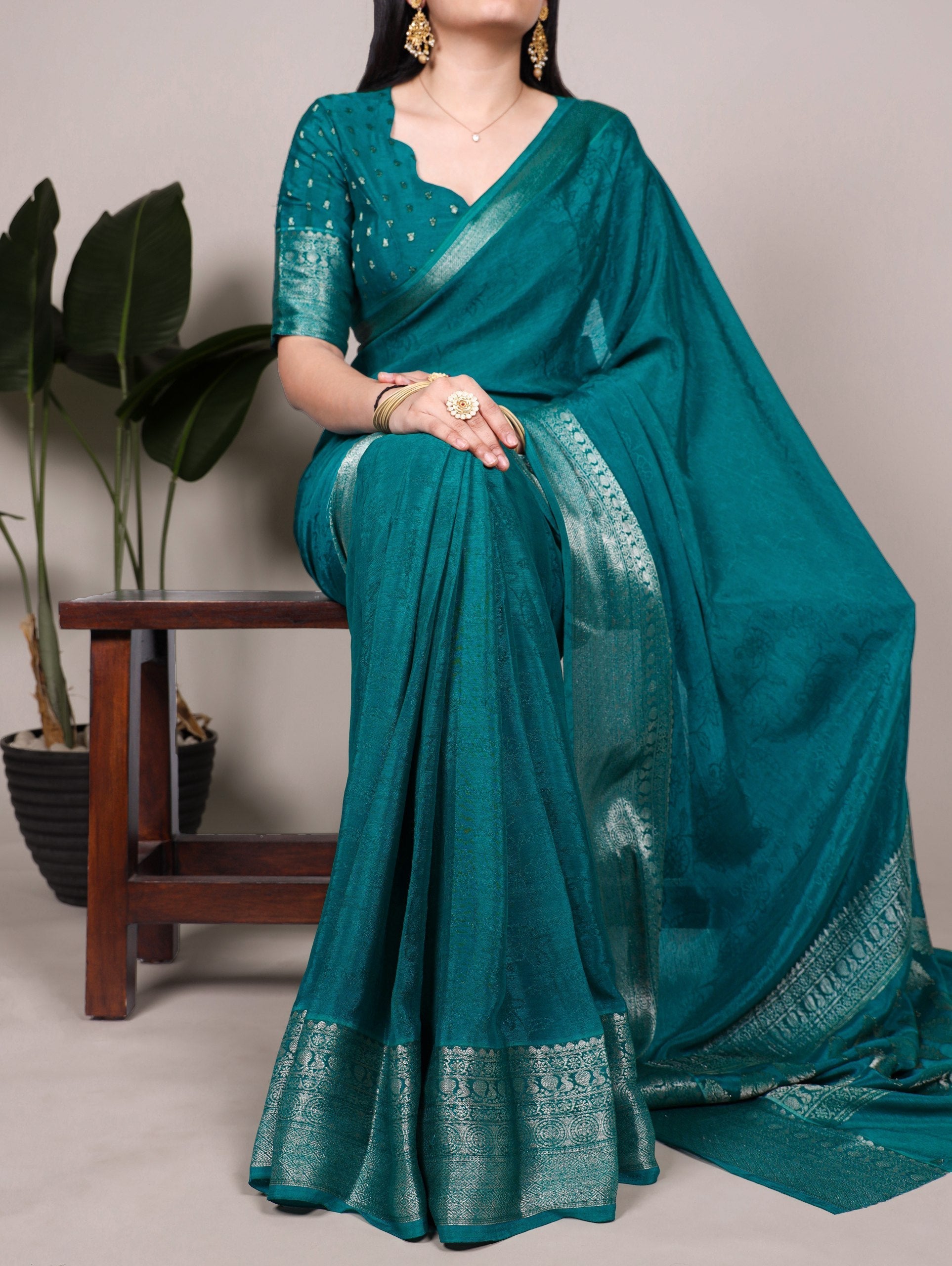 Bottle Green Chinon Self-Printed Saree with Zari Weaving Work & Matching Unstitched Blouse – Lightweight Festive & Traditional Wear Saree for Women