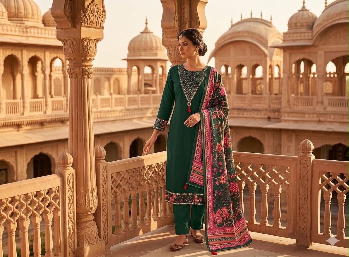 Bottle Green Cotton 60×60 Suit Set with Embroidery, Mirror Work & Malmal Dupatta