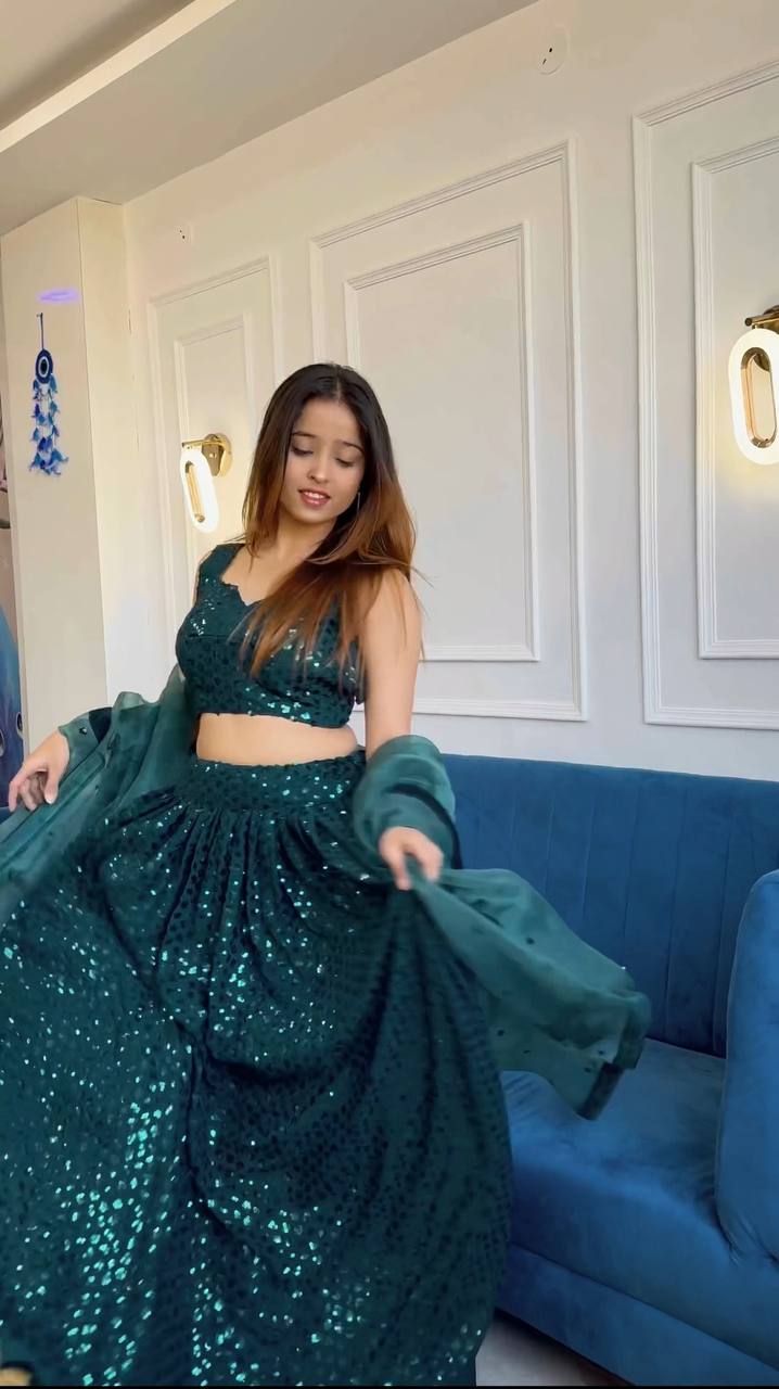 Bottle Green Dazzling Georgette Sequins Lehenga Set