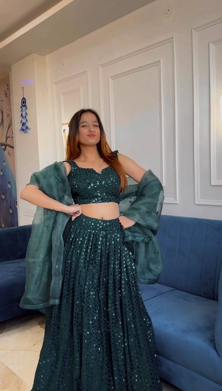 Bottle Green Dazzling Georgette Sequins Lehenga Set