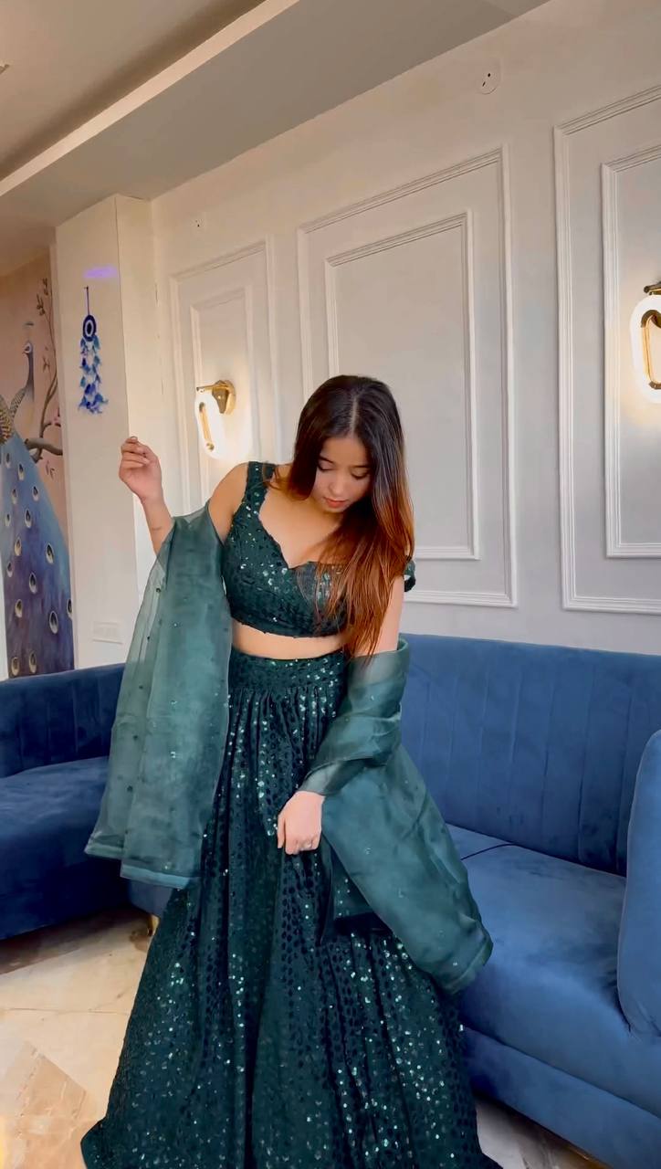 Bottle Green Dazzling Georgette Sequins Lehenga Set