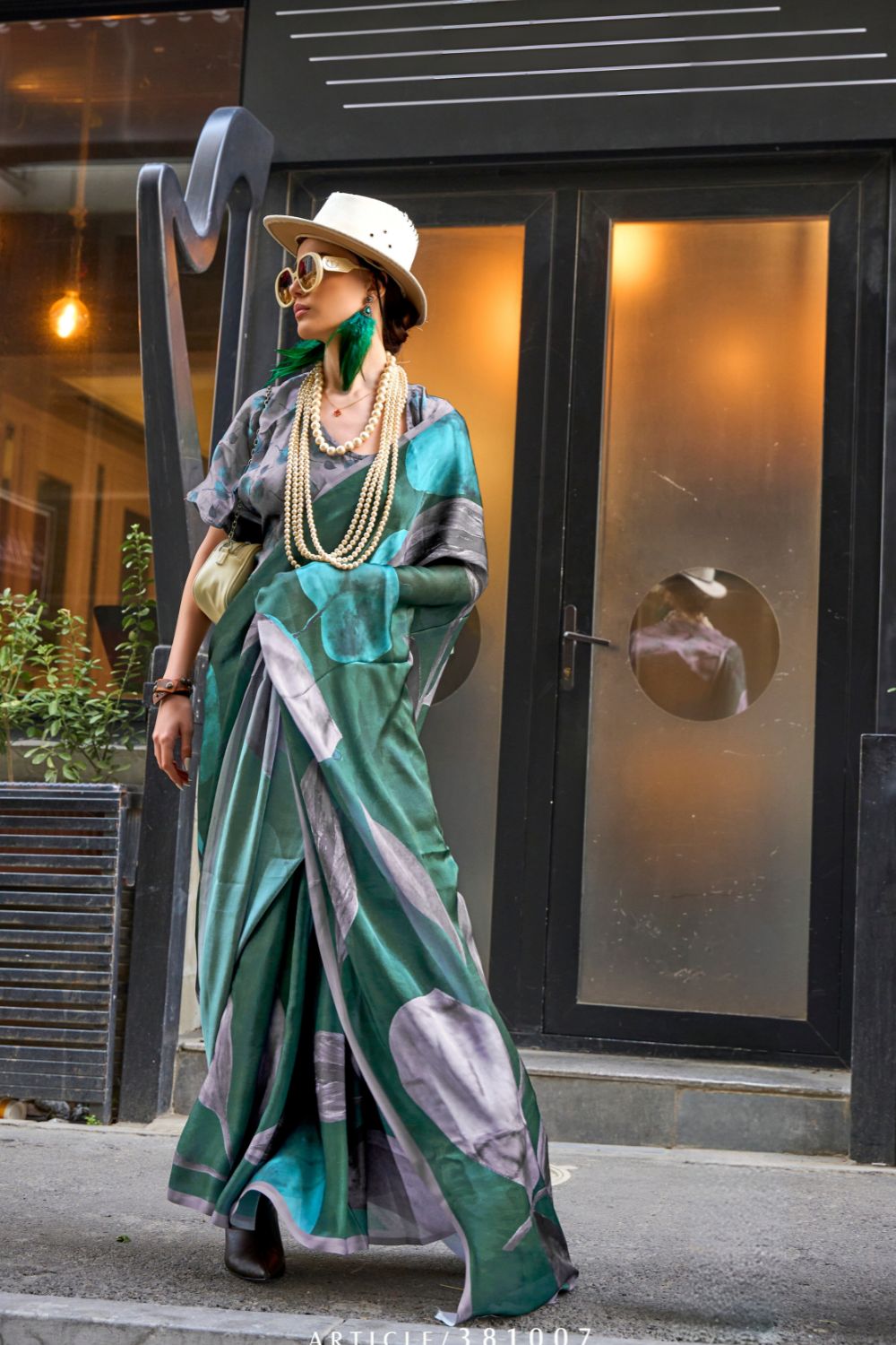 Bottle Green Elegant Bollywood Satin Printed Saree – Party & Festive Wear