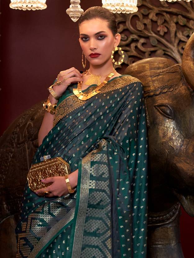 Bottle Green Elegant Pure Satin Handloom Saree with Unstitched Blouse Piece