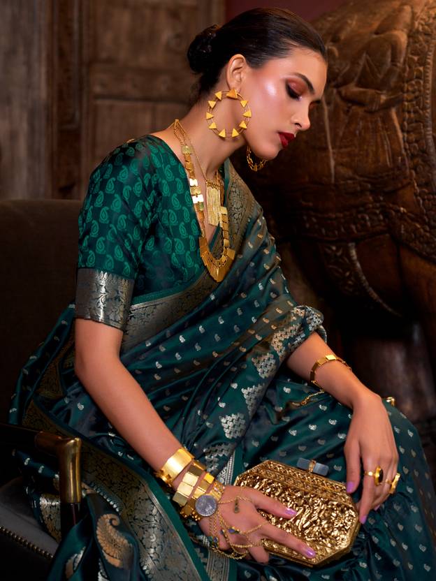 Bottle Green Elegant Pure Satin Handloom Saree with Unstitched Blouse Piece