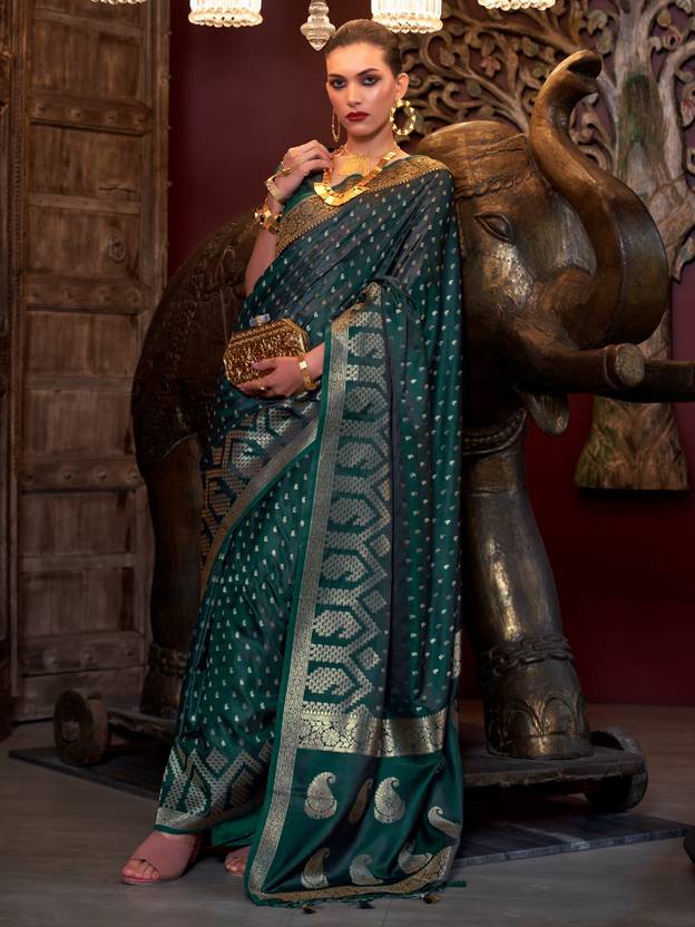 Bottle Green Elegant Pure Satin Handloom Saree with Unstitched Blouse Piece