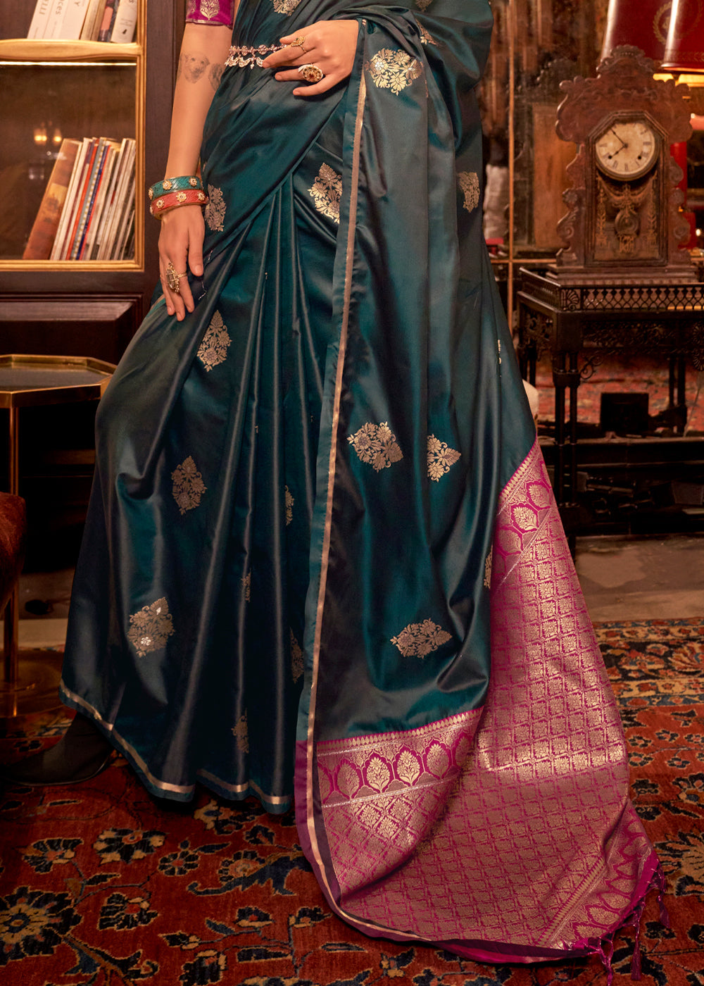 Bottle Green Elegant Satin Silk Saree – Evening Cocktail & Dinner Party Wear