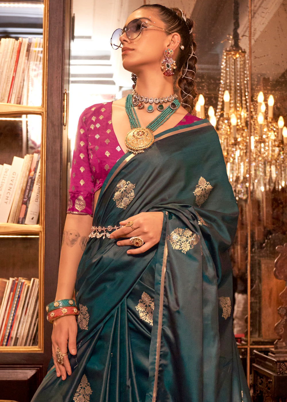 Bottle Green Elegant Satin Silk Saree – Evening Cocktail & Dinner Party Wear