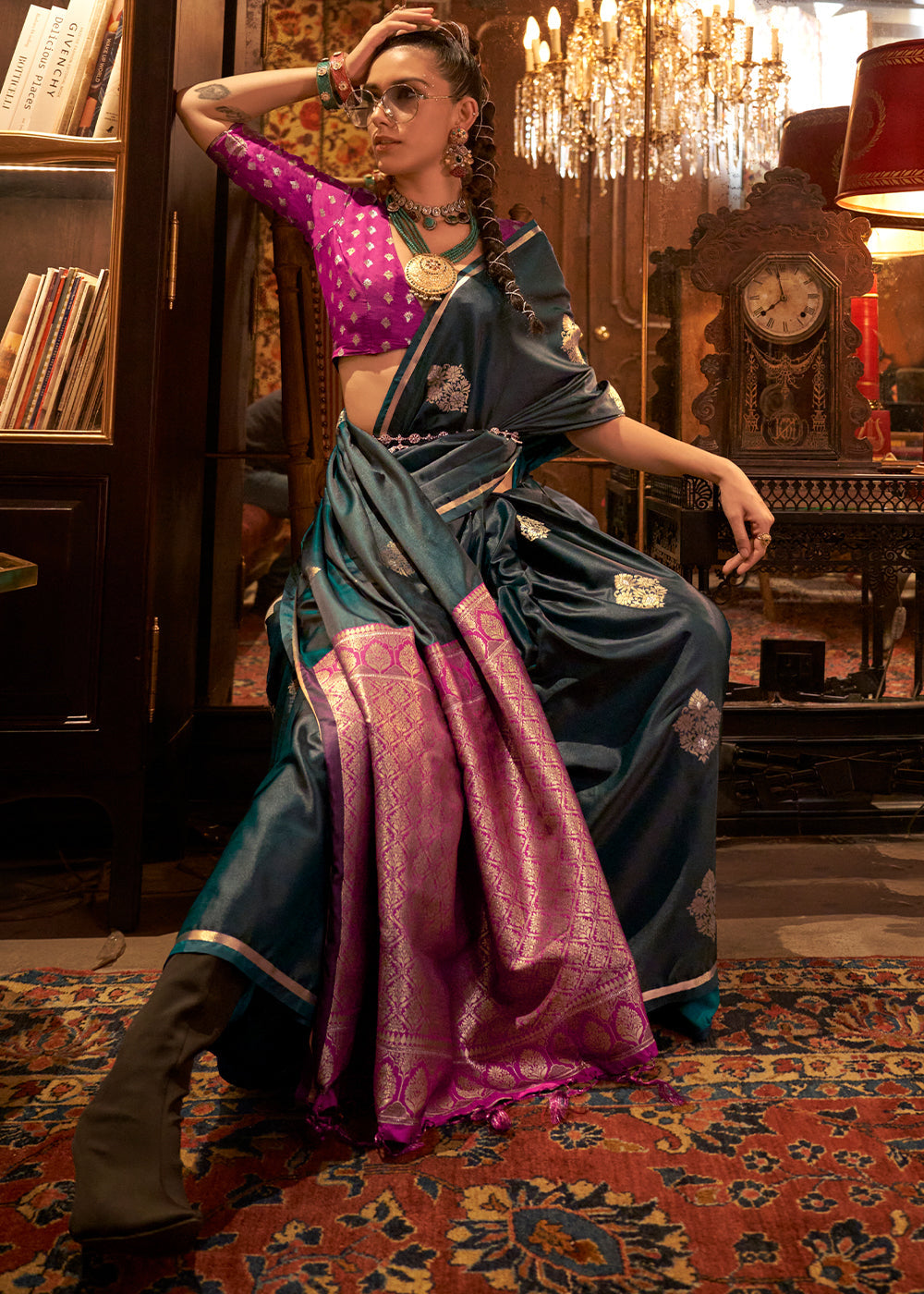 Bottle Green Elegant Satin Silk Saree – Evening Cocktail & Dinner Party Wear